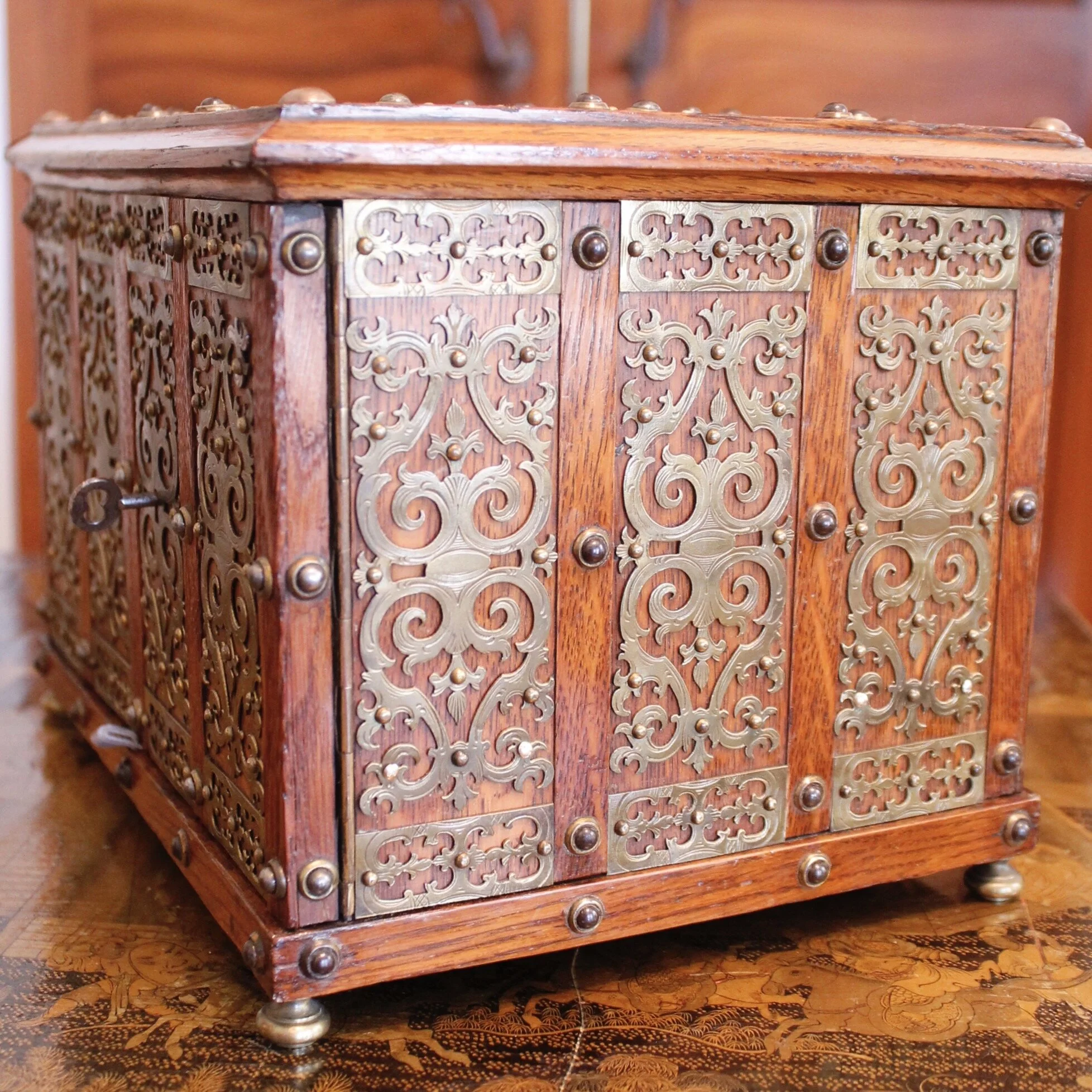 English Victorian Brass Mounted Jewelry Box / Strong Box, 19th Century