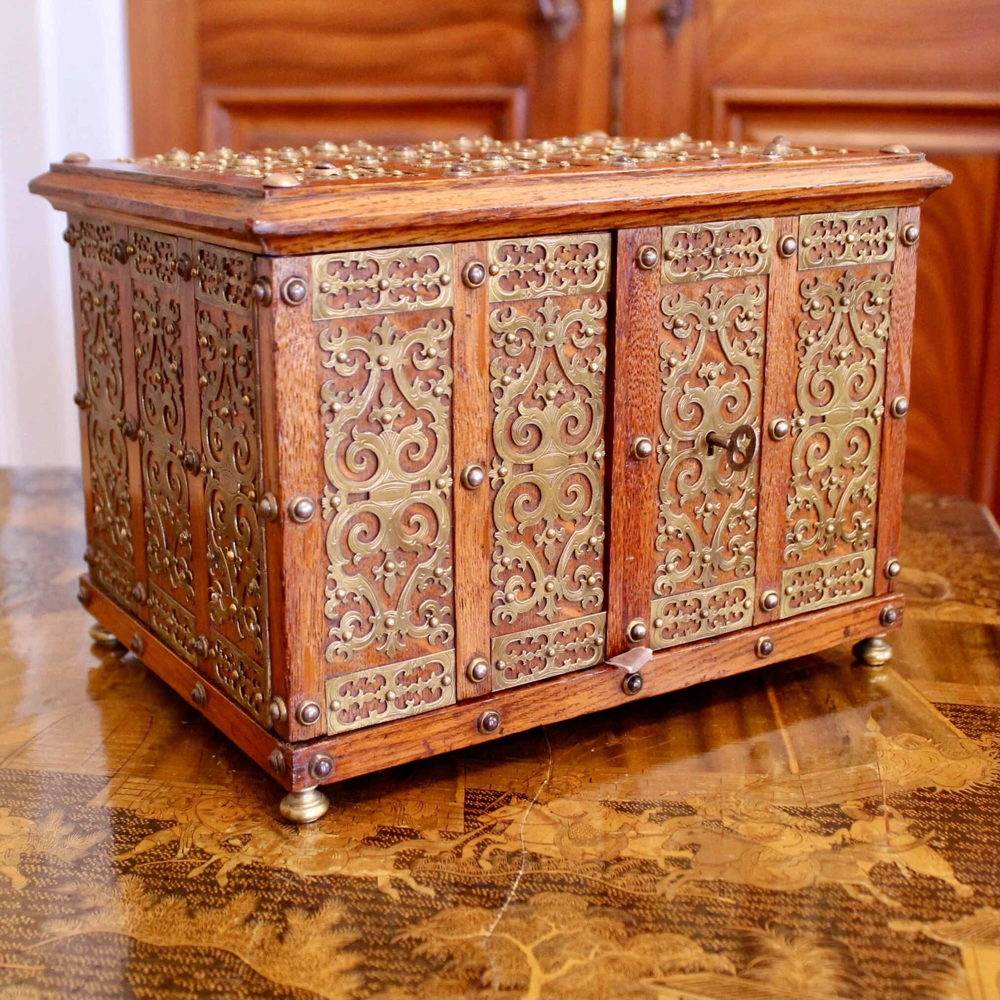 English Victorian Brass Mounted Jewelry Box / Strong Box, 19th Century