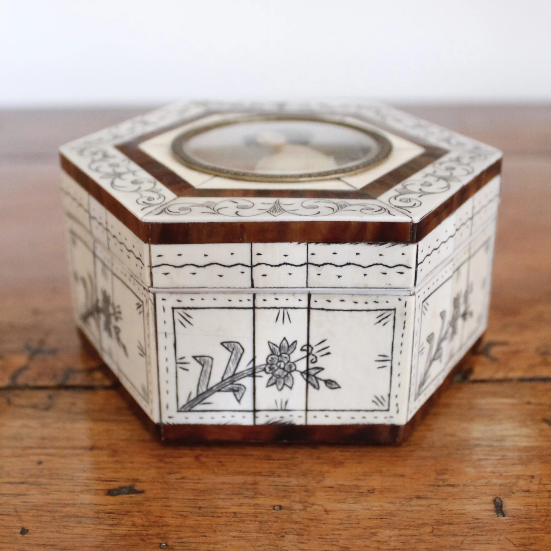 Anglo Indian Bone and Tortoiseshell Box with Miniature Portrait of a Lady, 19th Century