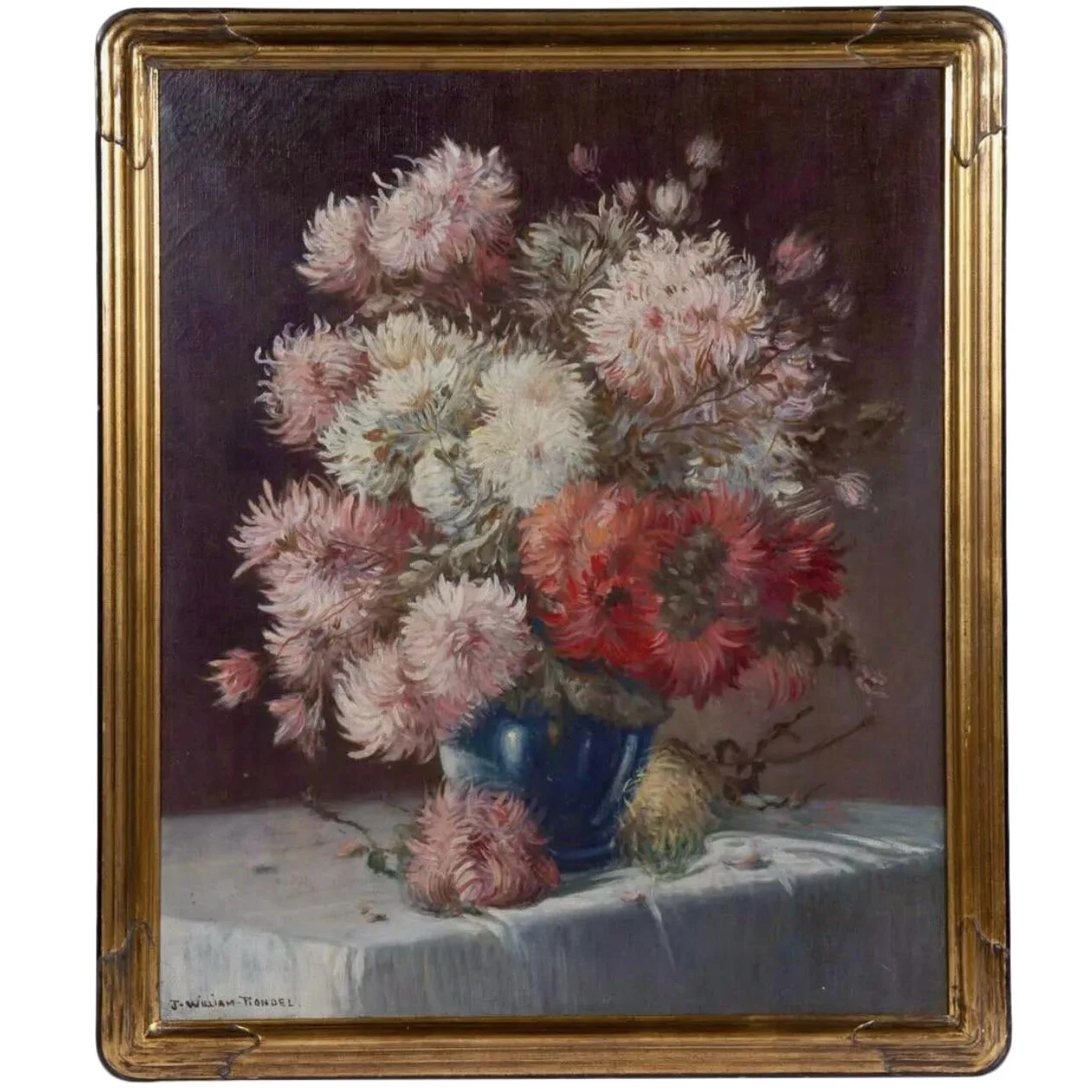 Still Life Painting With Dahlias, Oil on Canvas