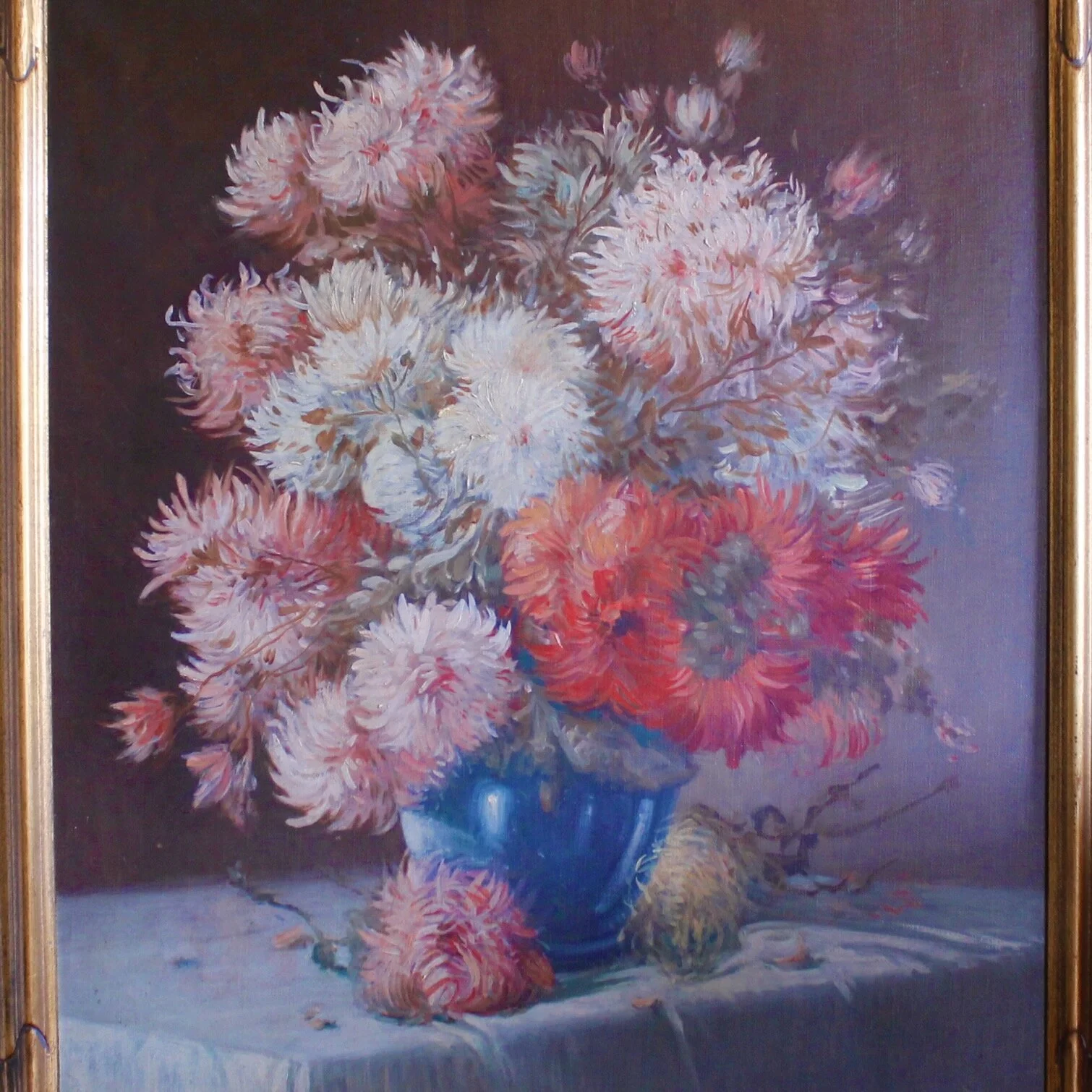 Still Life Painting With Dahlias, Oil on Canvas