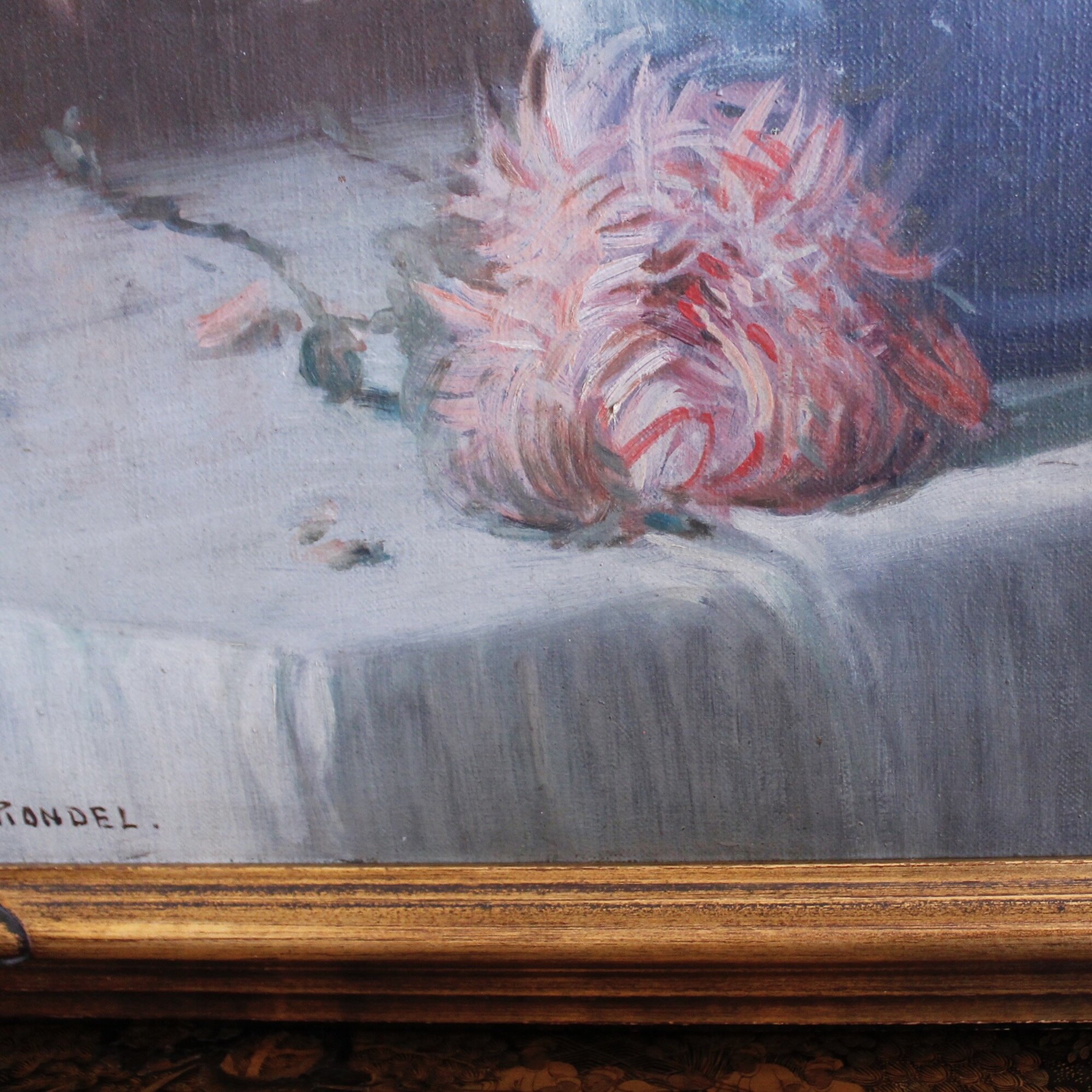 Still Life Painting With Dahlias, Oil on Canvas