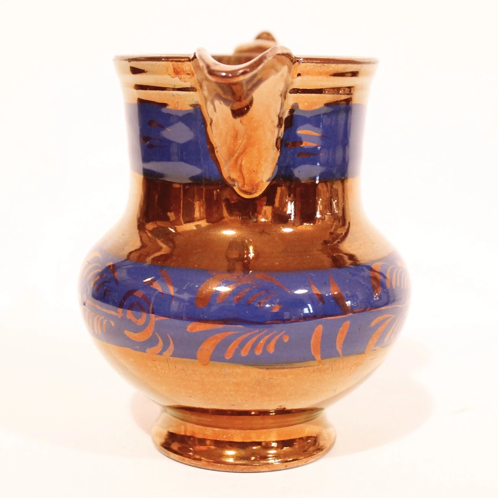 English Copper Lustre Ware Jug with Foliate Frieze on Blue
