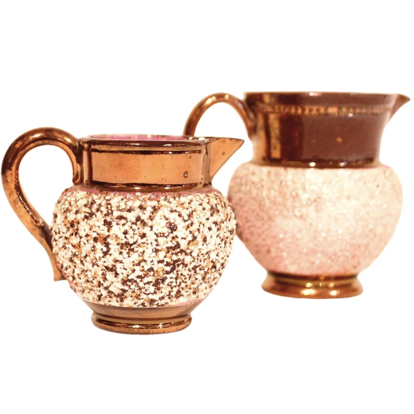 Pair of Miniature Copper Lustre Ware Cream Pitchers with Low Relief Textured Bodies