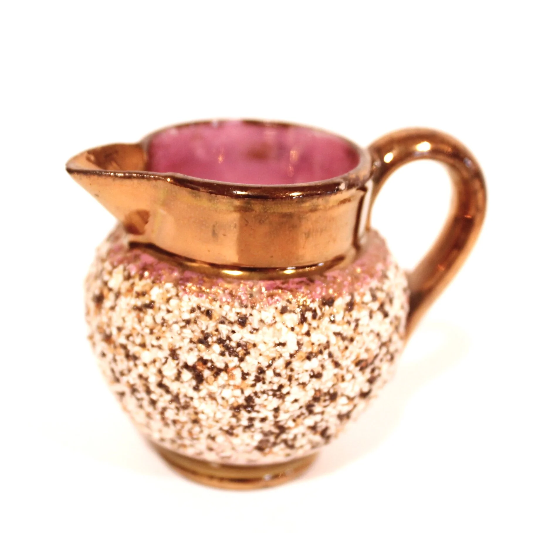 Pair of Miniature Copper Lustre Ware Cream Pitchers with Low Relief Textured Bodies