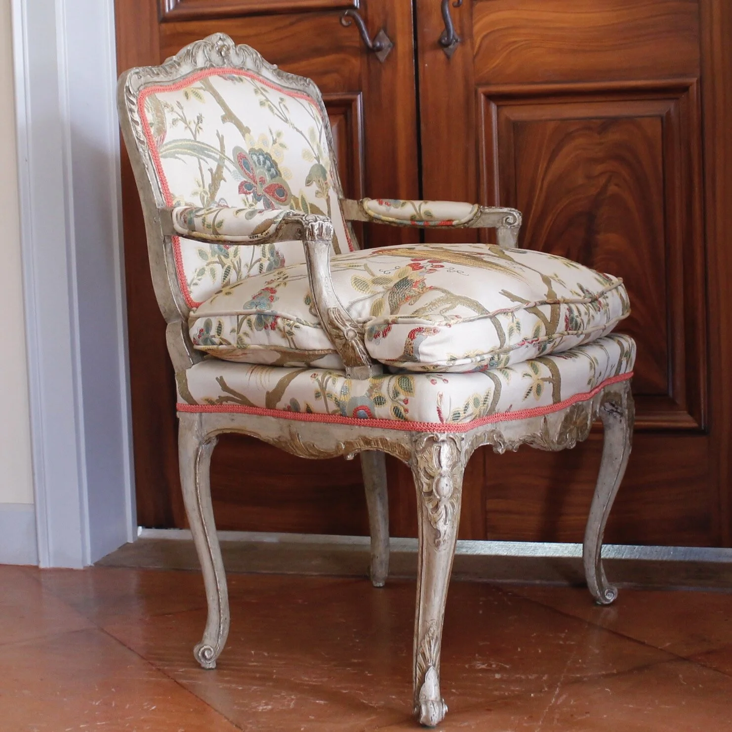 Italian Painted and Silver Gilt Rococo Armchair, 18th Century