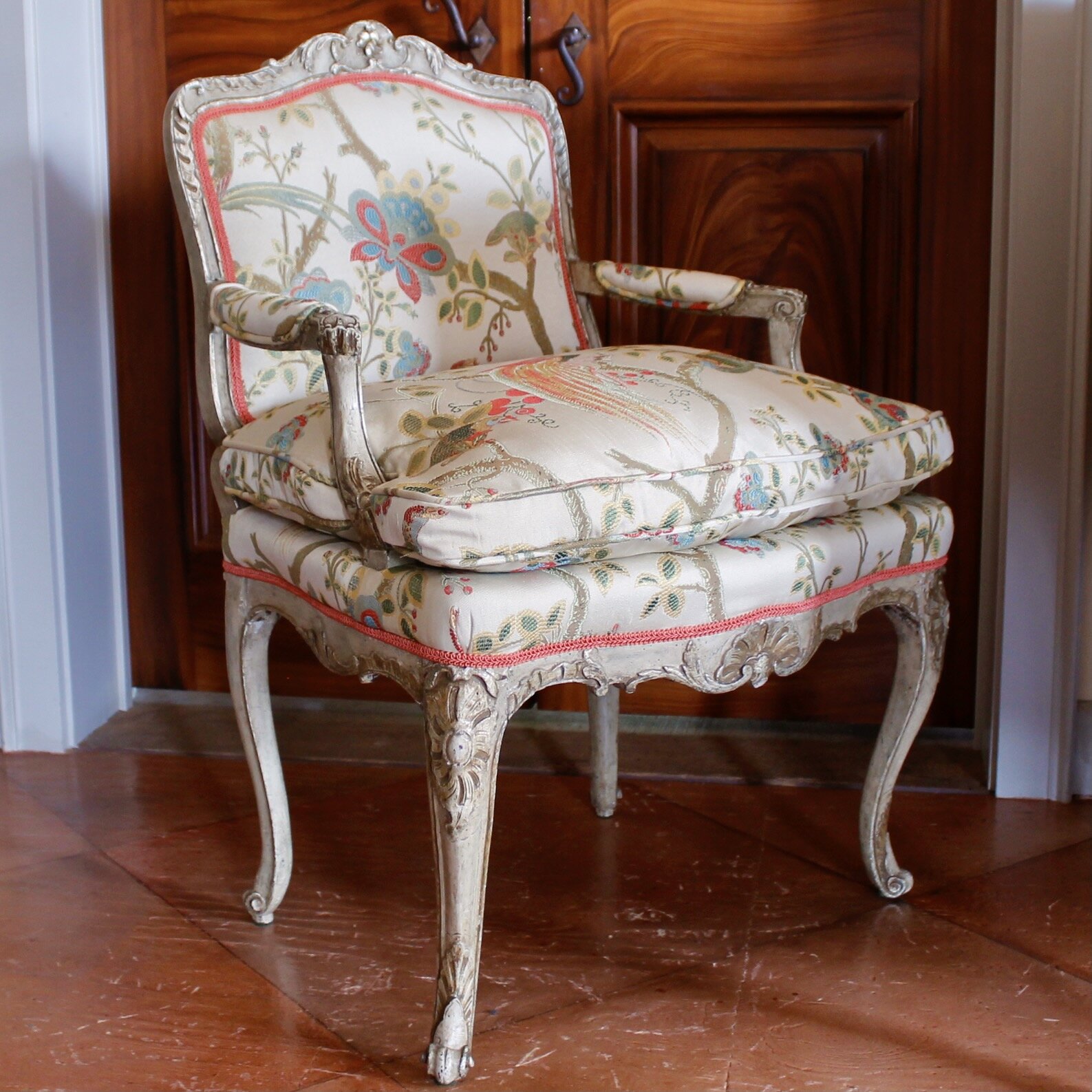 Italian Painted and Silver Gilt Rococo Armchair, 18th Century