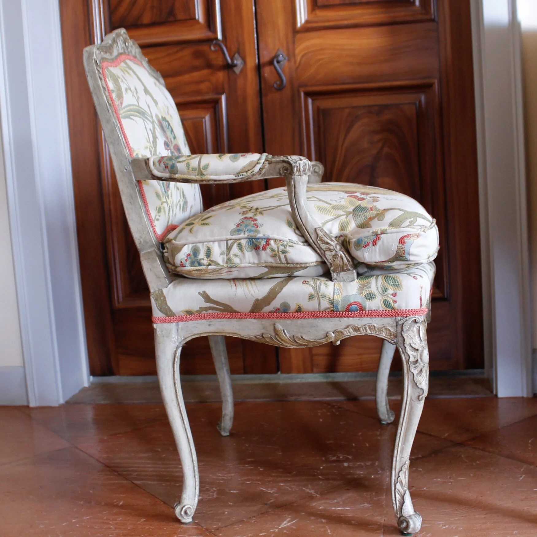 Italian Painted and Silver Gilt Rococo Armchair, 18th Century