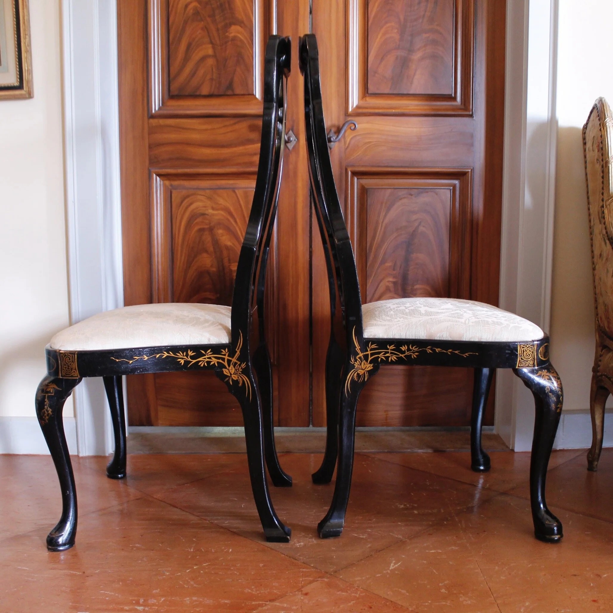 Pair of George I Style Black and Gilt Japanned Side Chairs