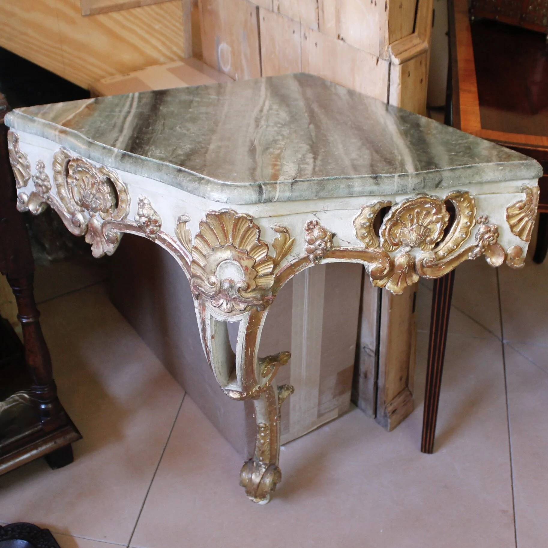 Italian Rococo Carved Corner Console Table with Faux Marble Top