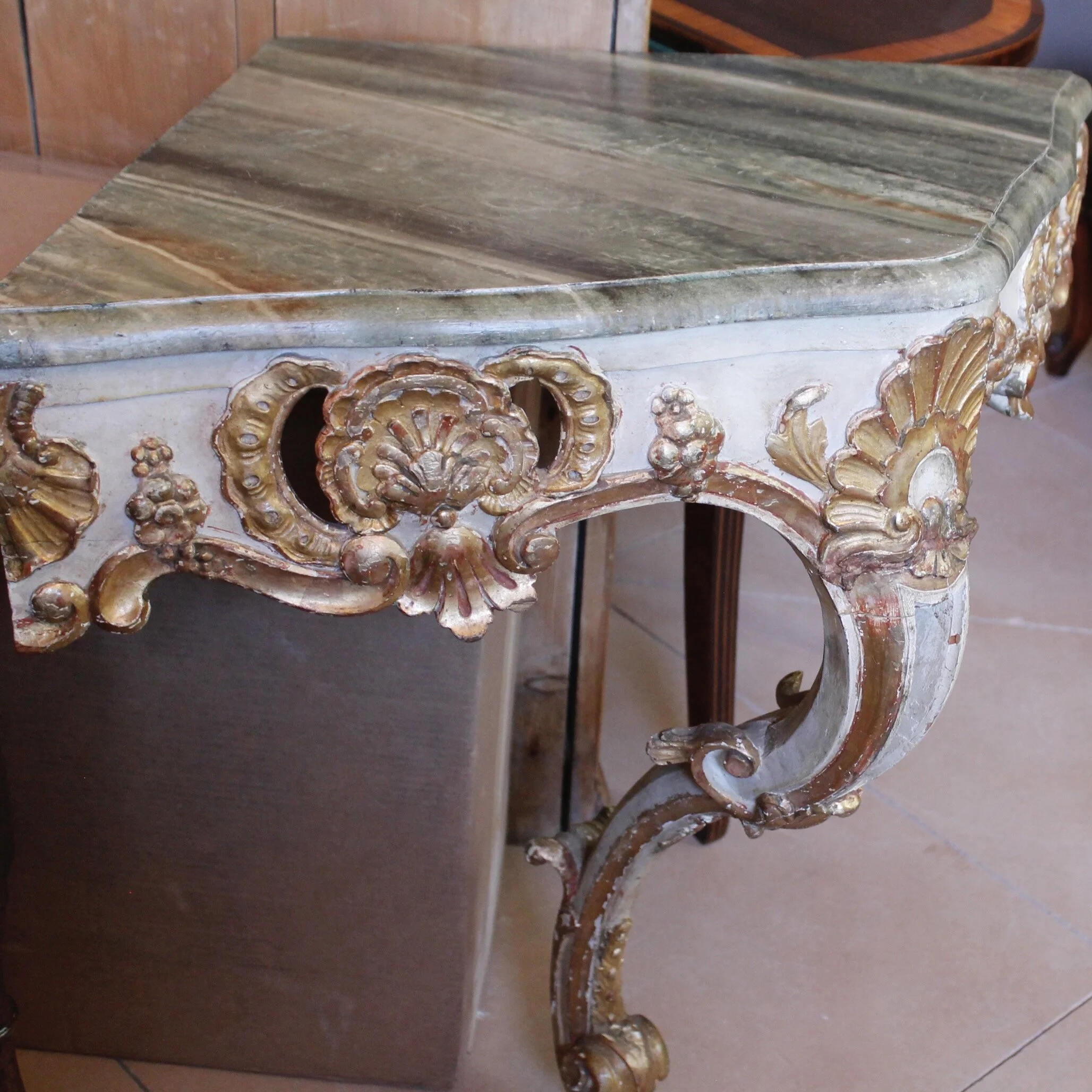 Italian Rococo Carved Corner Console Table with Faux Marble Top