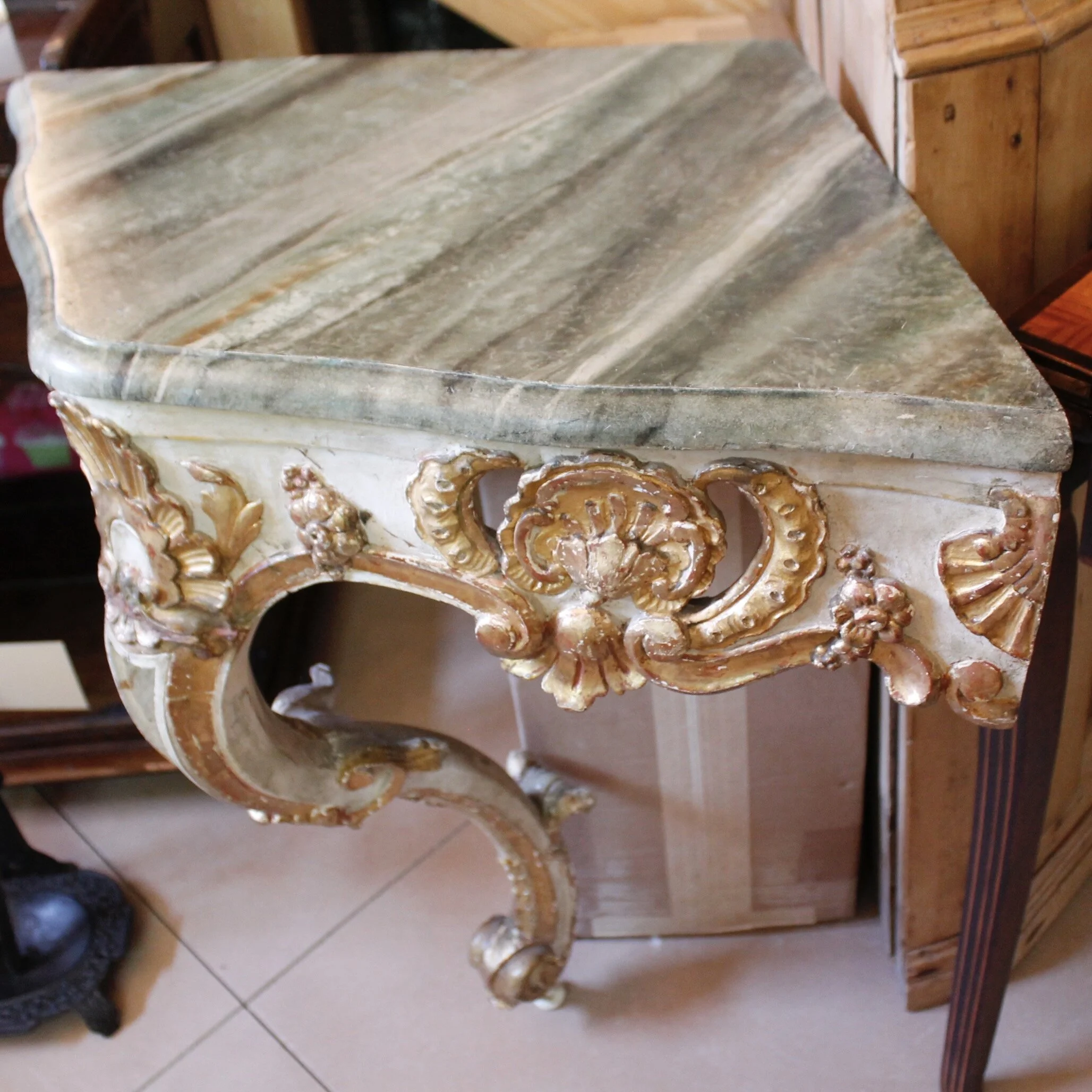 Italian Rococo Carved Corner Console Table with Faux Marble Top