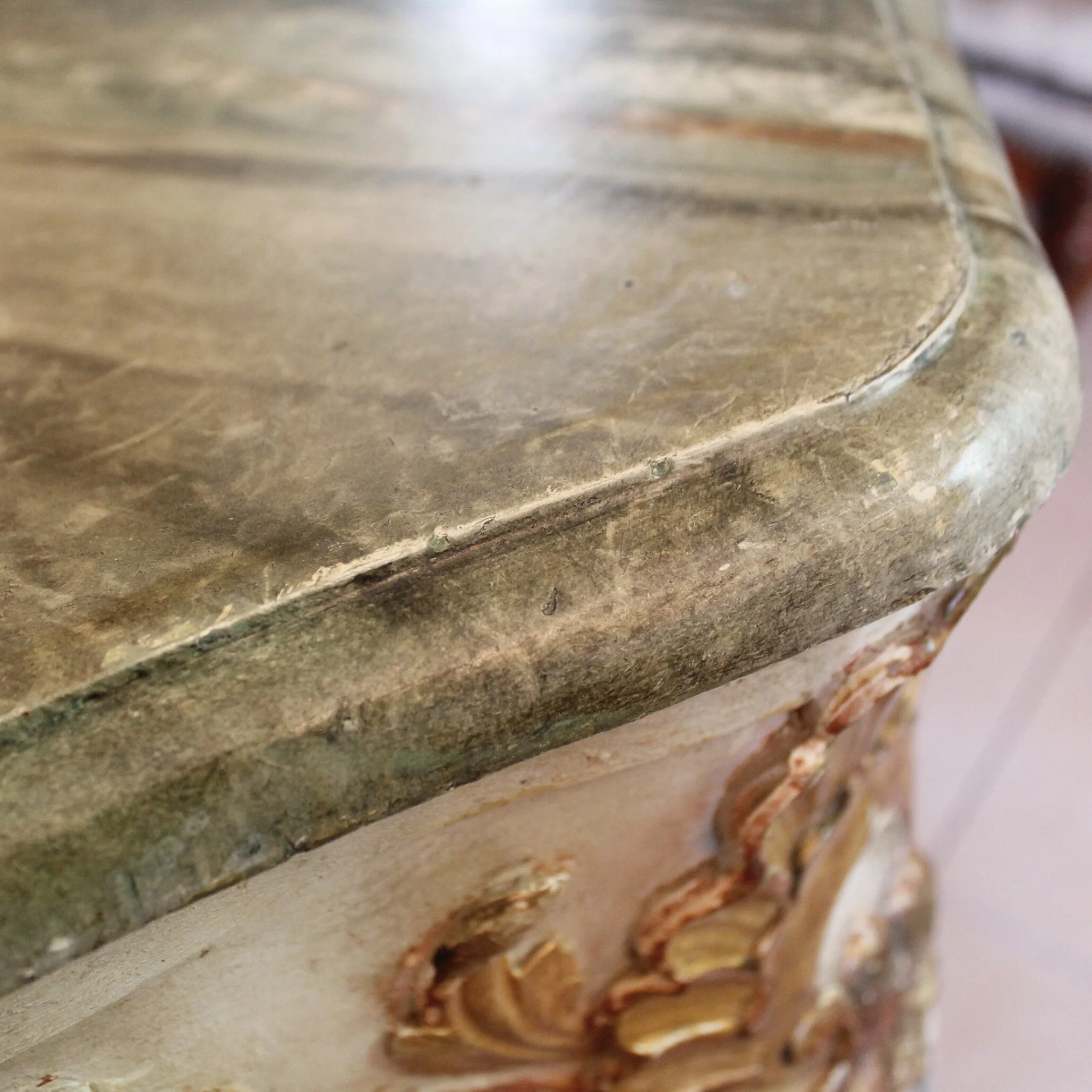 Italian Rococo Carved Corner Console Table with Faux Marble Top