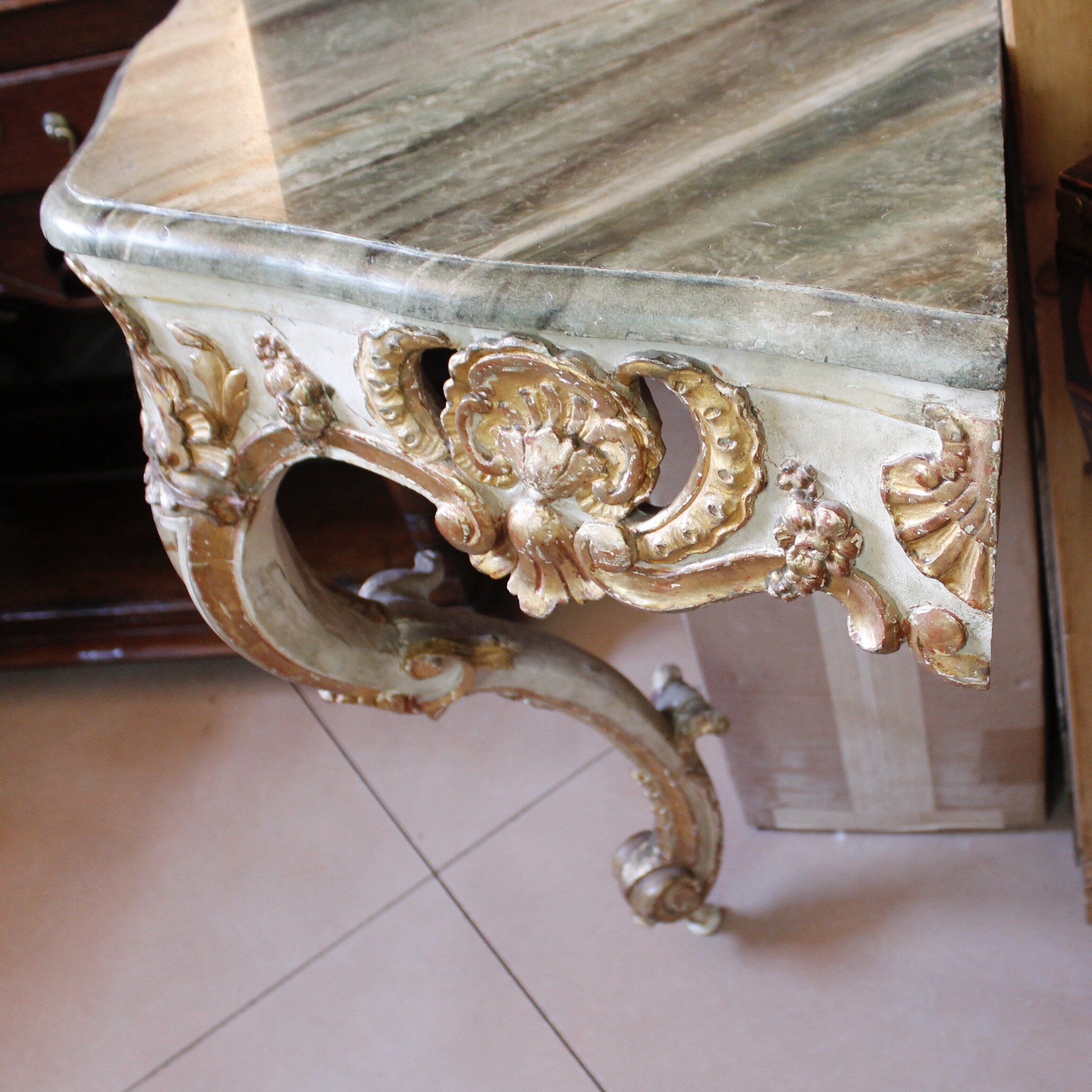 Italian Rococo Carved Corner Console Table with Faux Marble Top