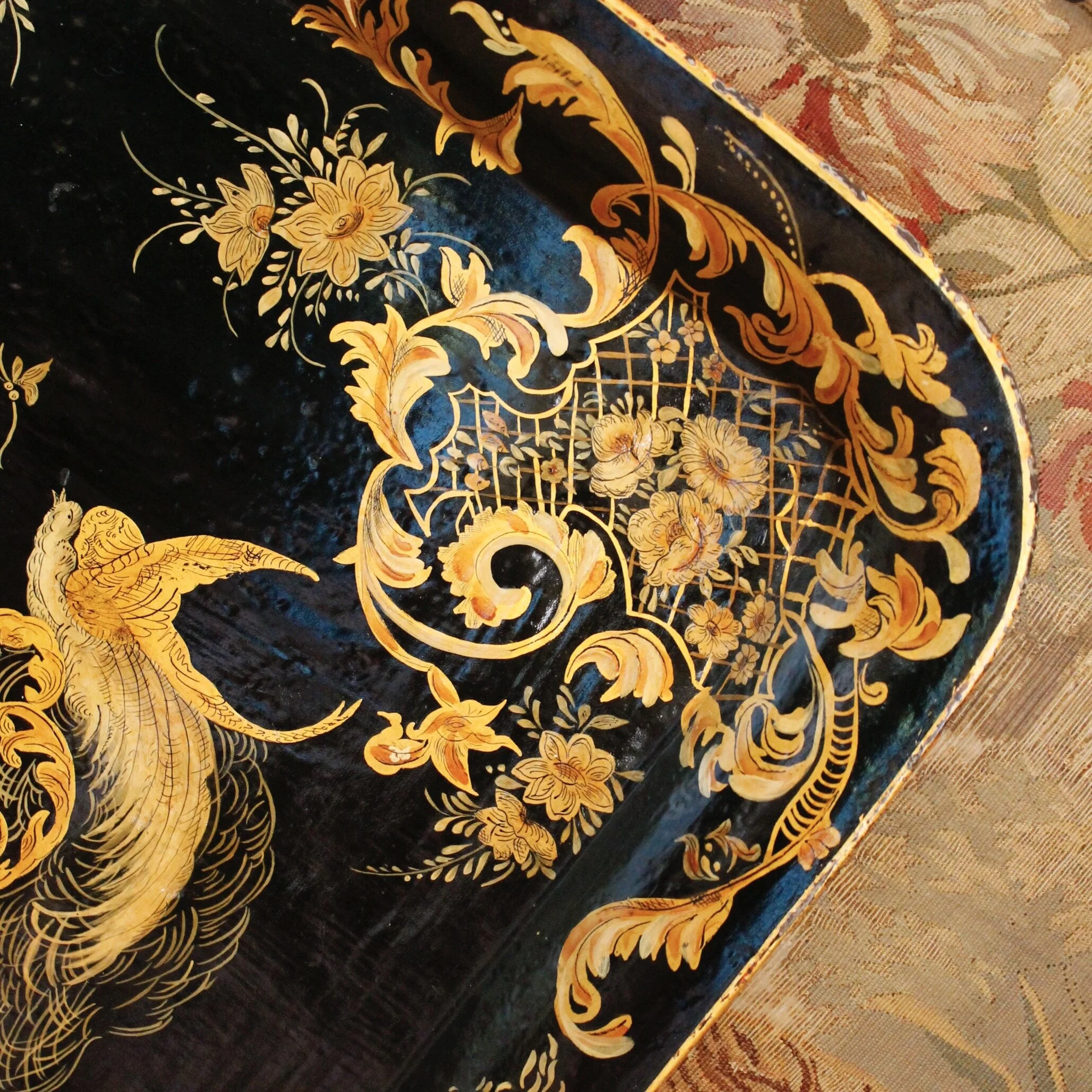 Large Black and Gilt Decorated Antique Tôle Tray