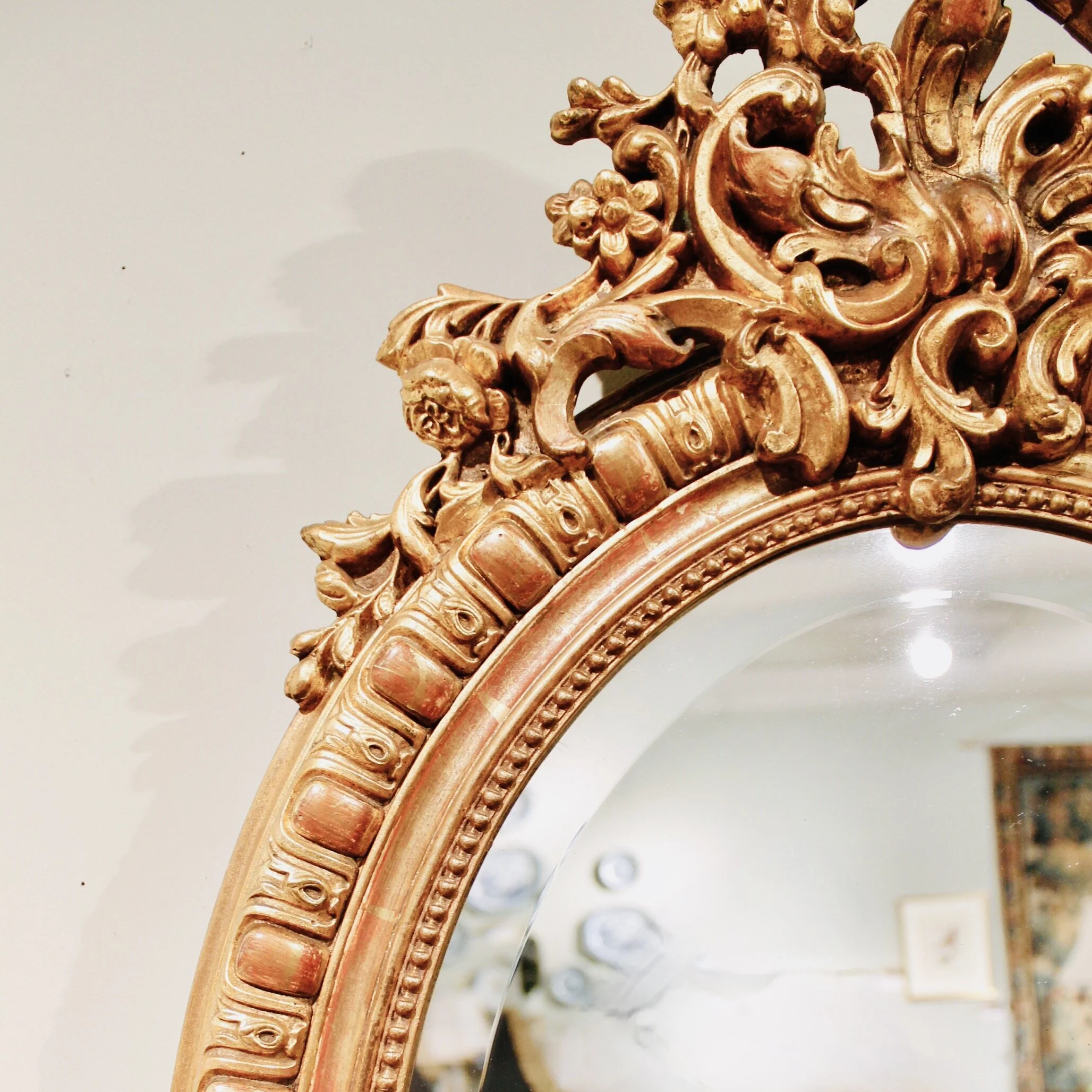 Oval French Gilded Rococo Crested Mirror, 19th Century