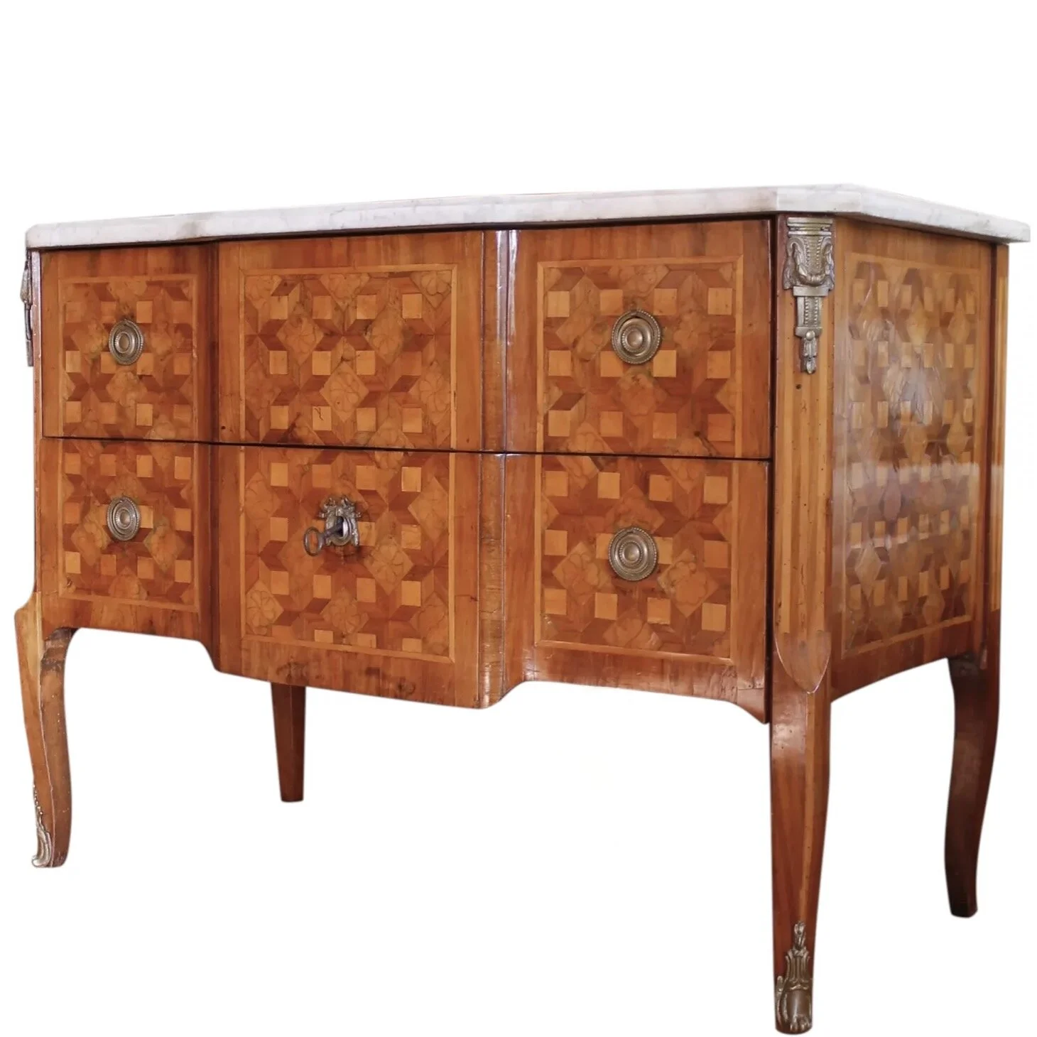 Florette Parquetry Transitional Louis XVI Commode with Marble Top