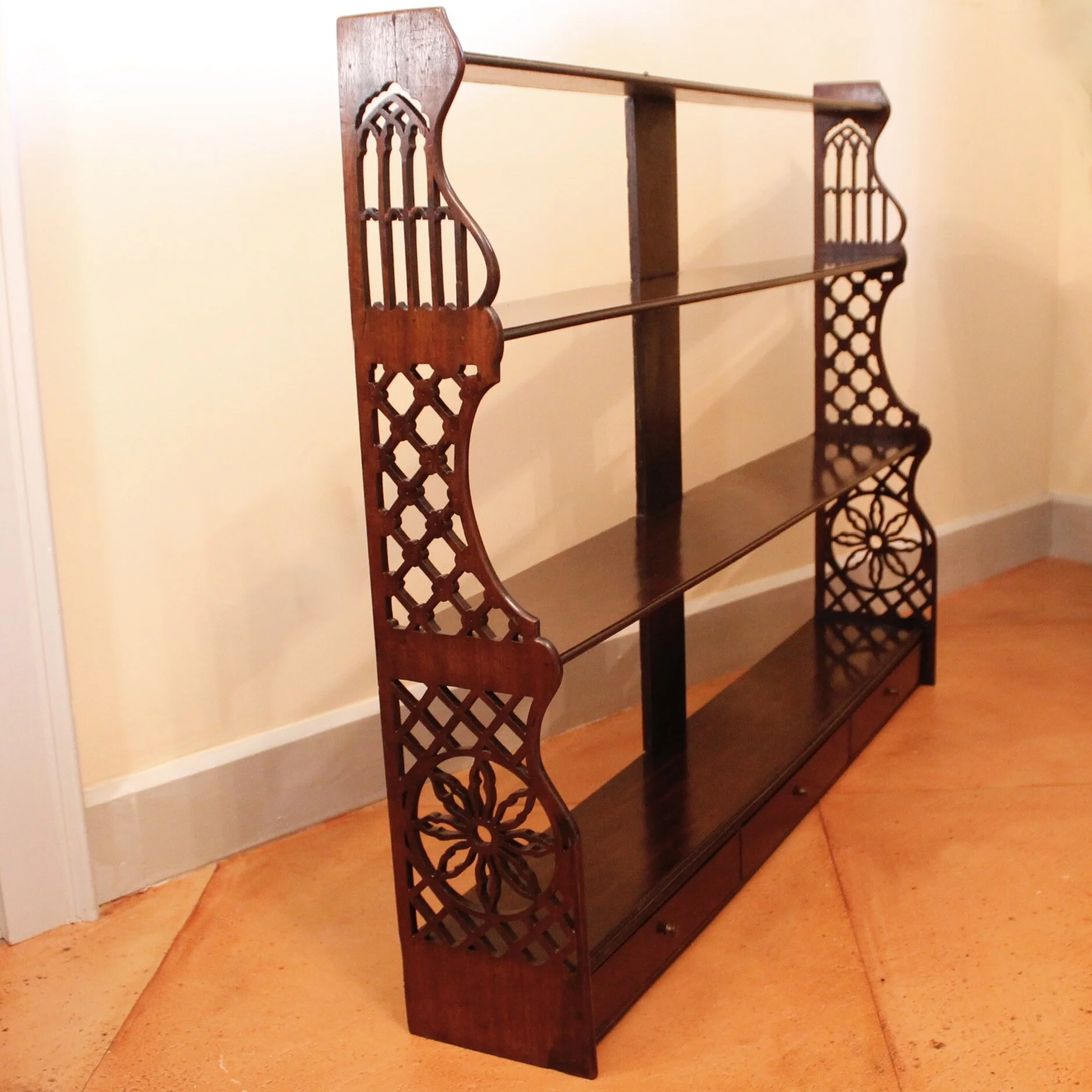 Large George III Period Mahogany Fretwork Hanging Shelf