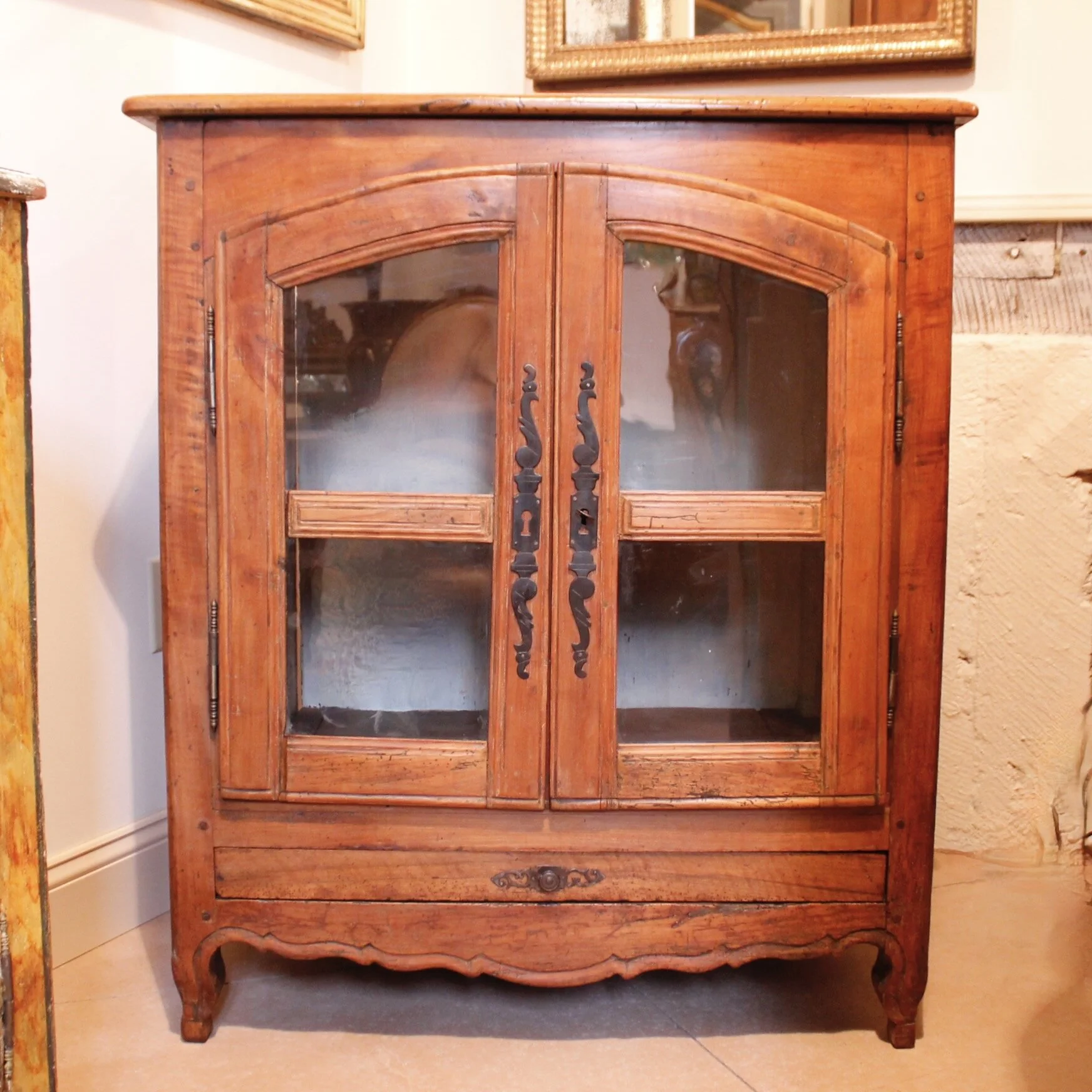 French Provincial Louis XV Style Cabinet with Scroll Carved Arched Doors