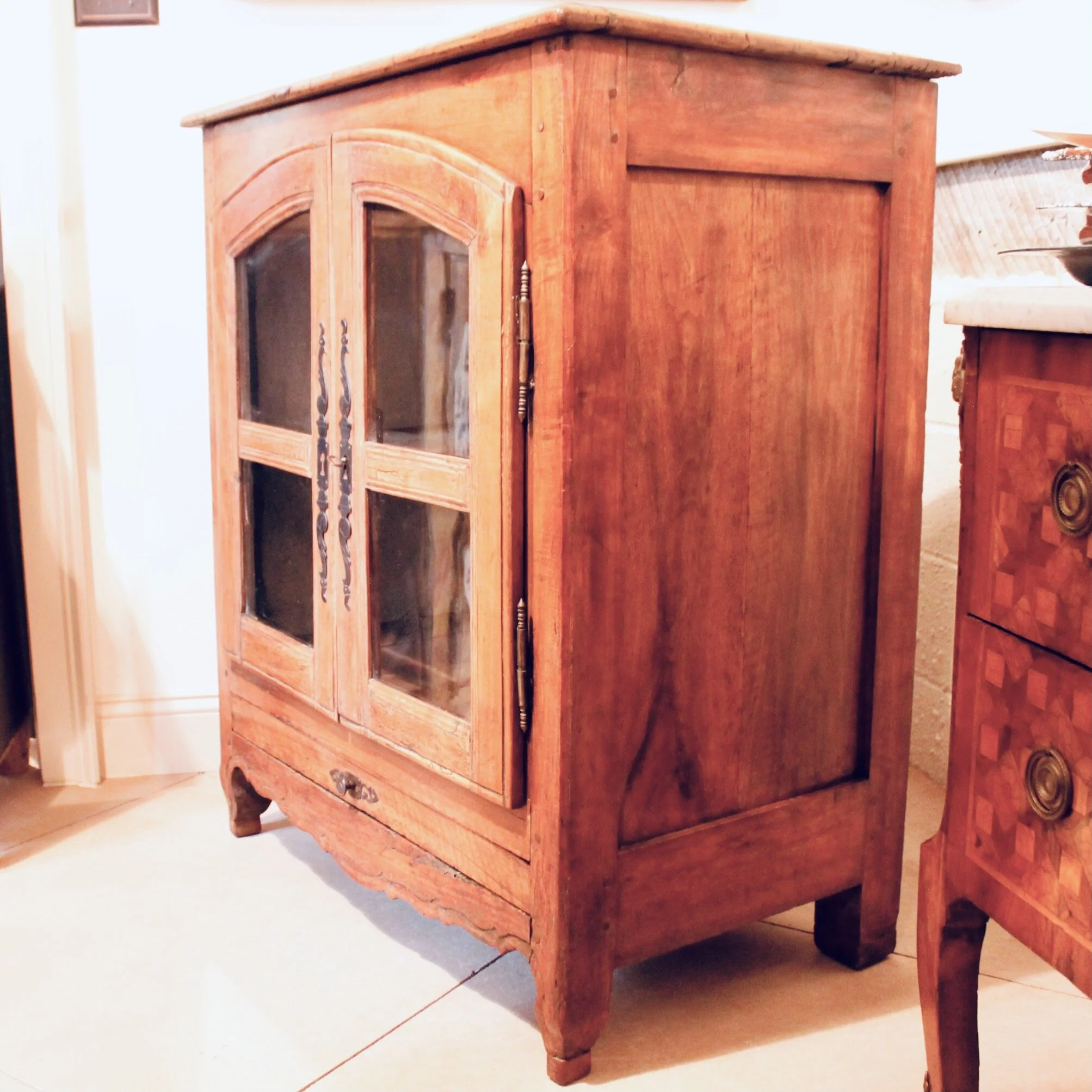 French Provincial Louis XV Style Cabinet with Scroll Carved Arched Doors