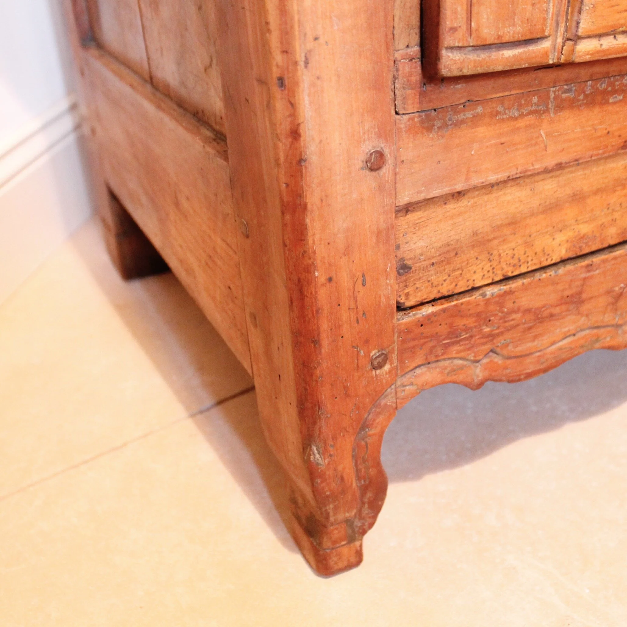 French Provincial Louis XV Style Cabinet with Scroll Carved Arched Doors