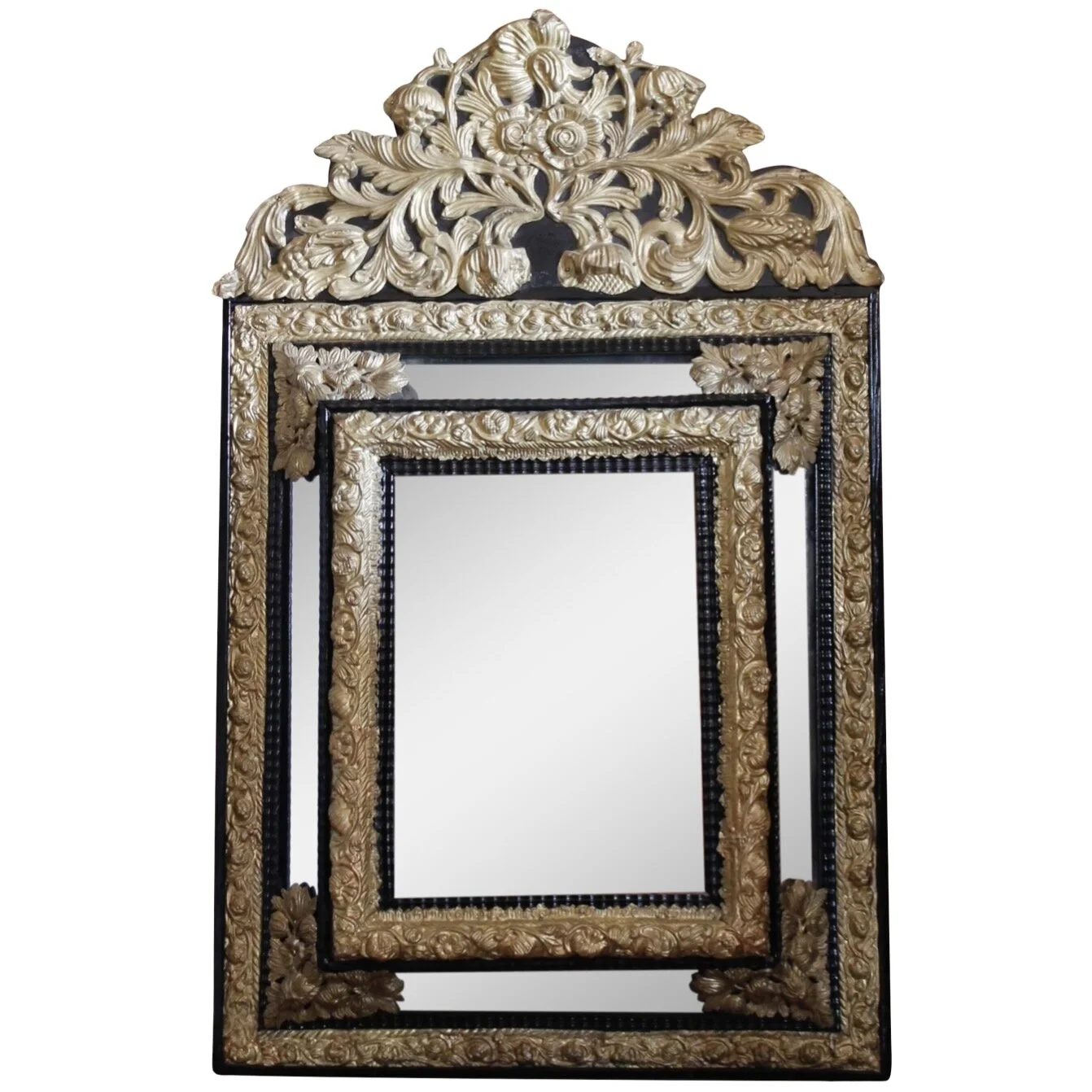 Dutch Baroque Style Cushion Mirror With Gilt Brass Repoussé Mounts