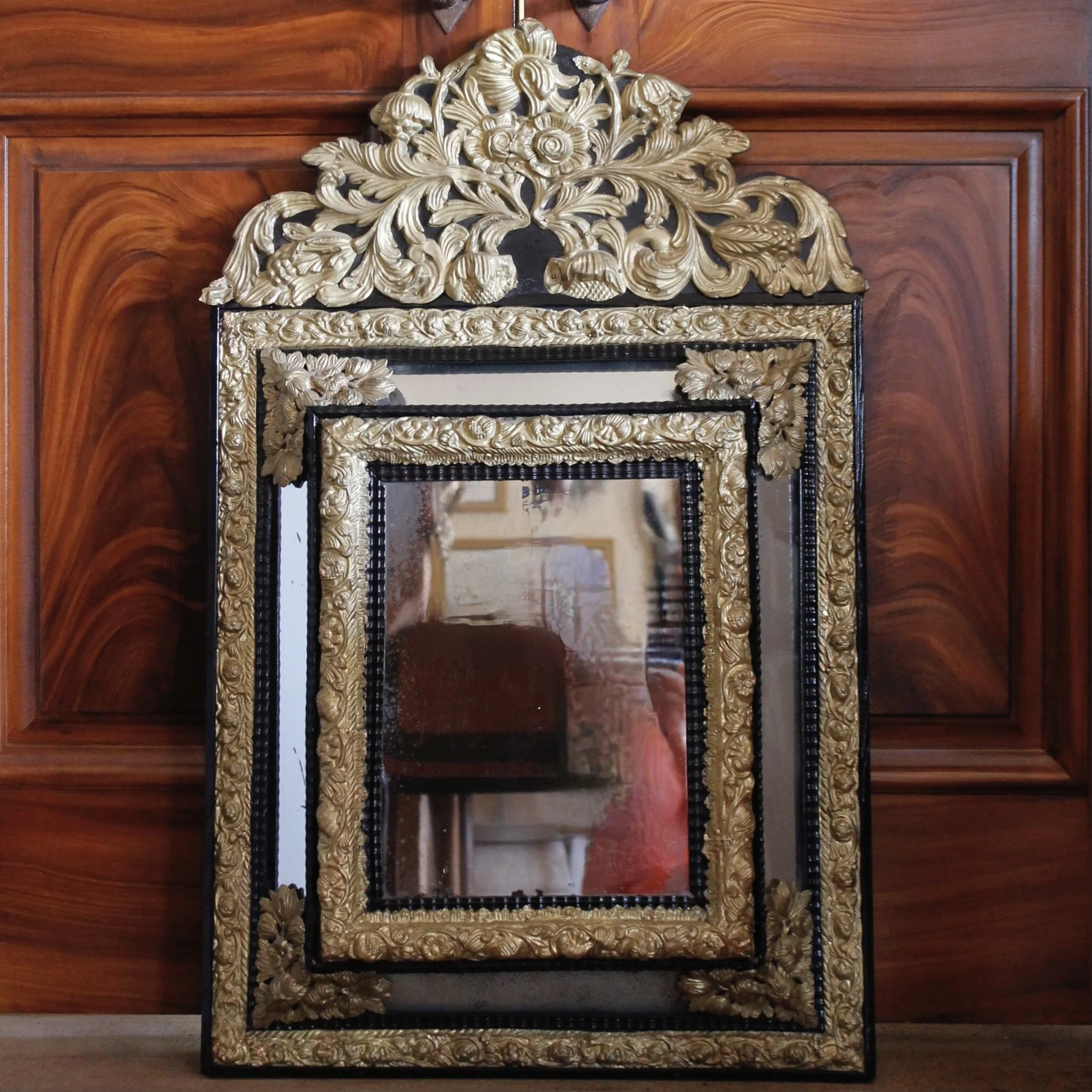 Dutch Baroque Style Cushion Mirror With Gilt Brass Repoussé Mounts