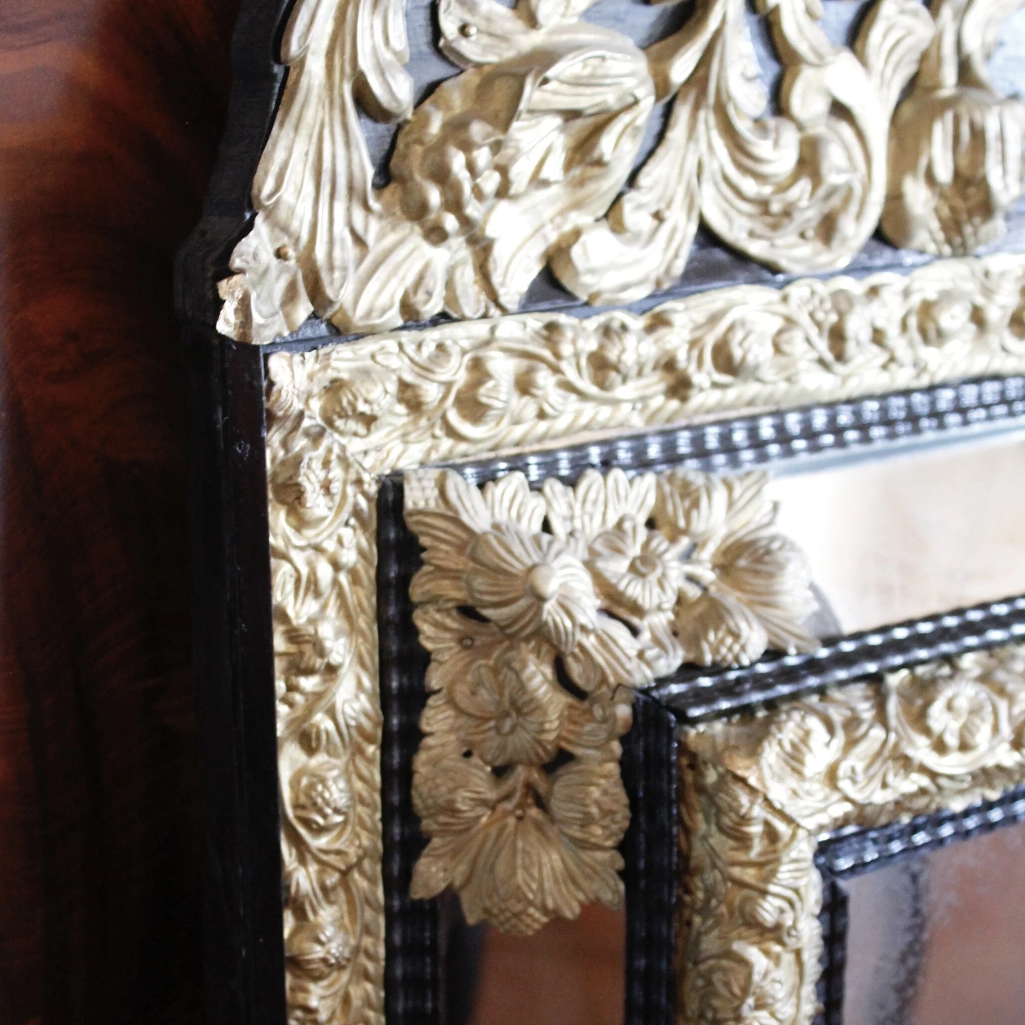 Dutch Baroque Style Cushion Mirror With Gilt Brass Repoussé Mounts