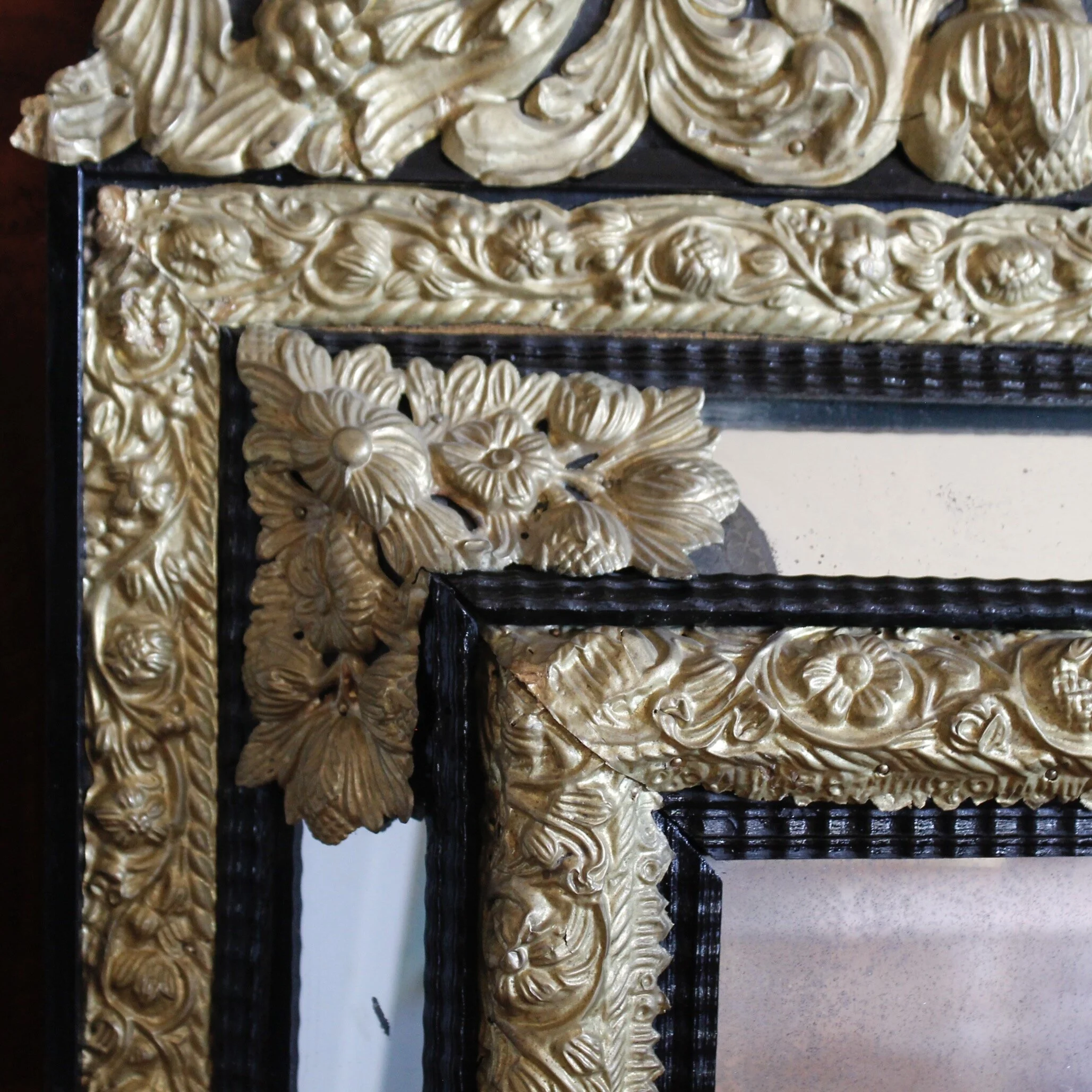 Dutch Baroque Style Cushion Mirror With Gilt Brass Repoussé Mounts
