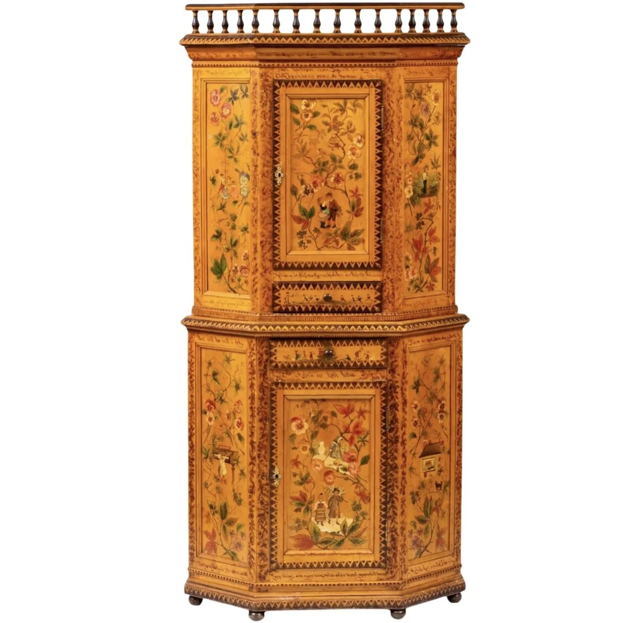 Swedish Blonde Wood Corner Cupboard Painted with Flowers and Idyllic Childhood Scenes