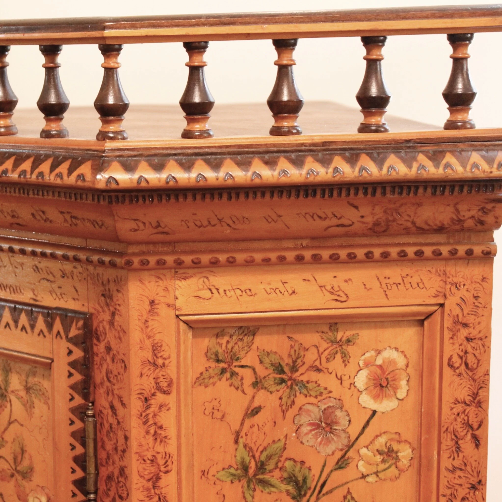 Swedish Blonde Wood Corner Cupboard Painted with Flowers and Idyllic Childhood Scenes