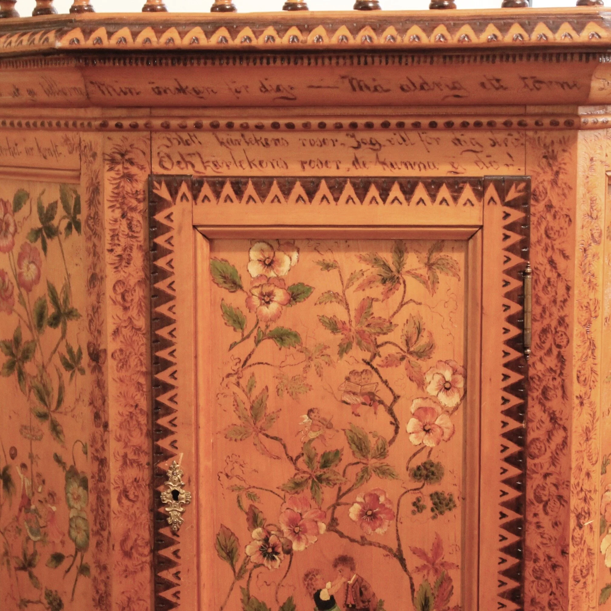 Swedish Blonde Wood Corner Cupboard Painted with Flowers and Idyllic Childhood Scenes