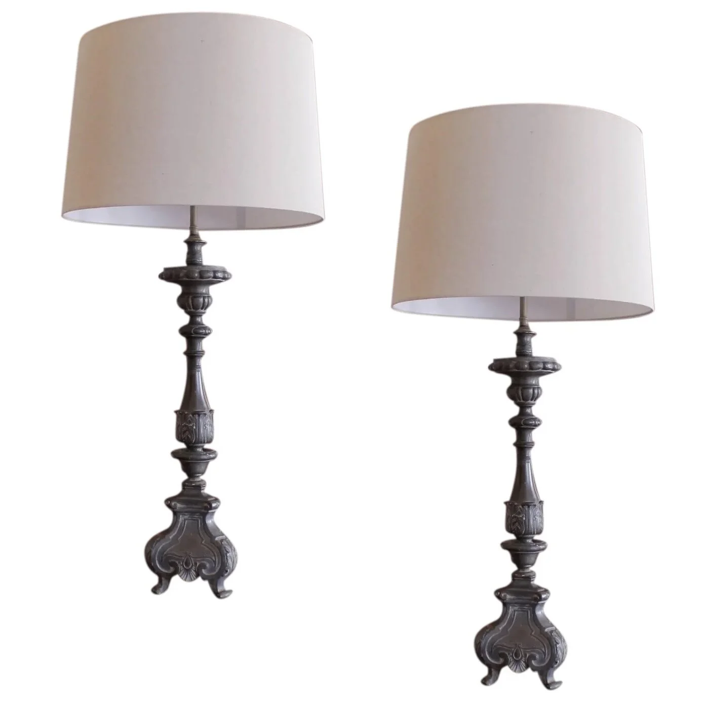 Pair of Antique Continental Baroque Pewter Prickets Adapted into Lamps
