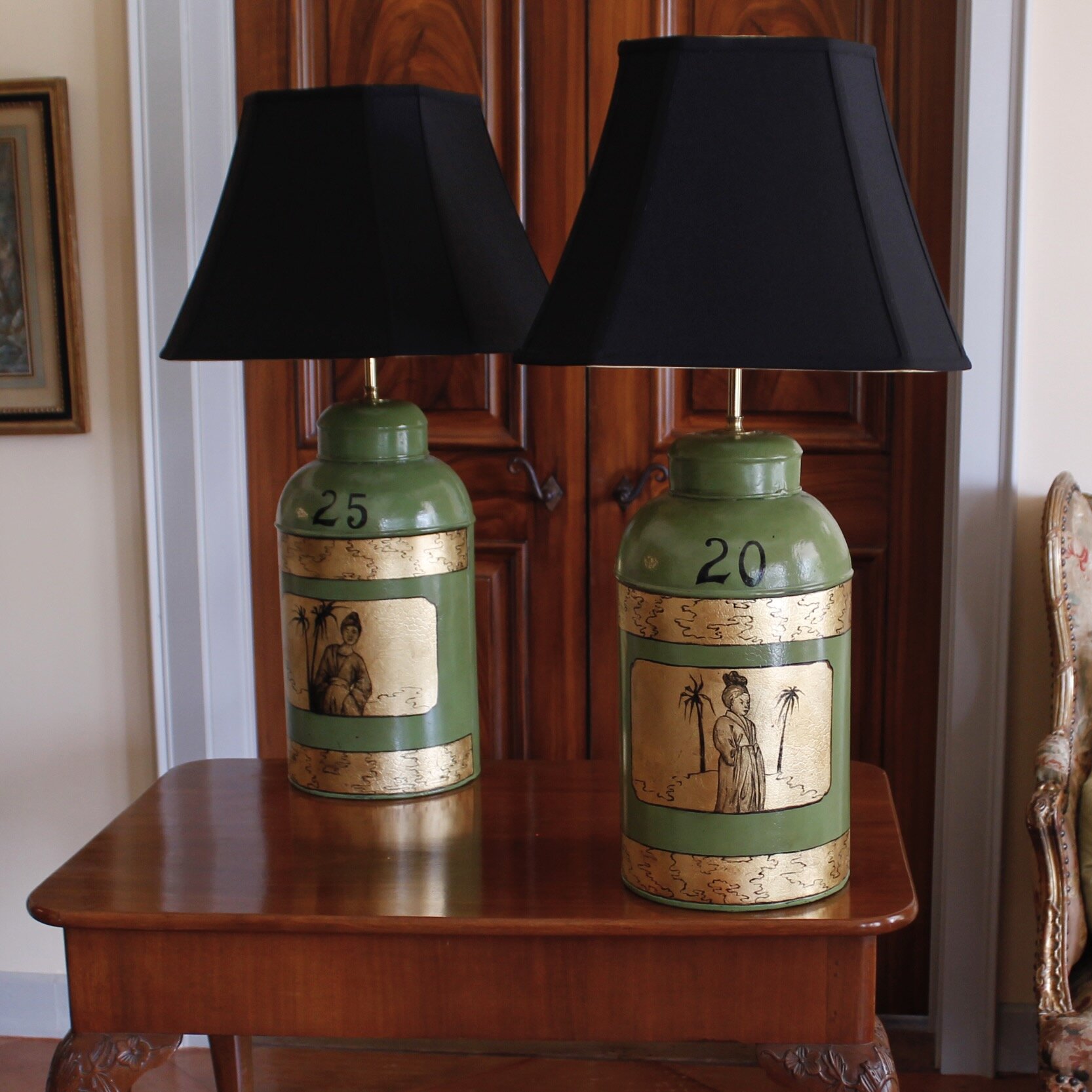 Pair of Green Painted and Gilt Decorated Tôle Tea Canister Lamps