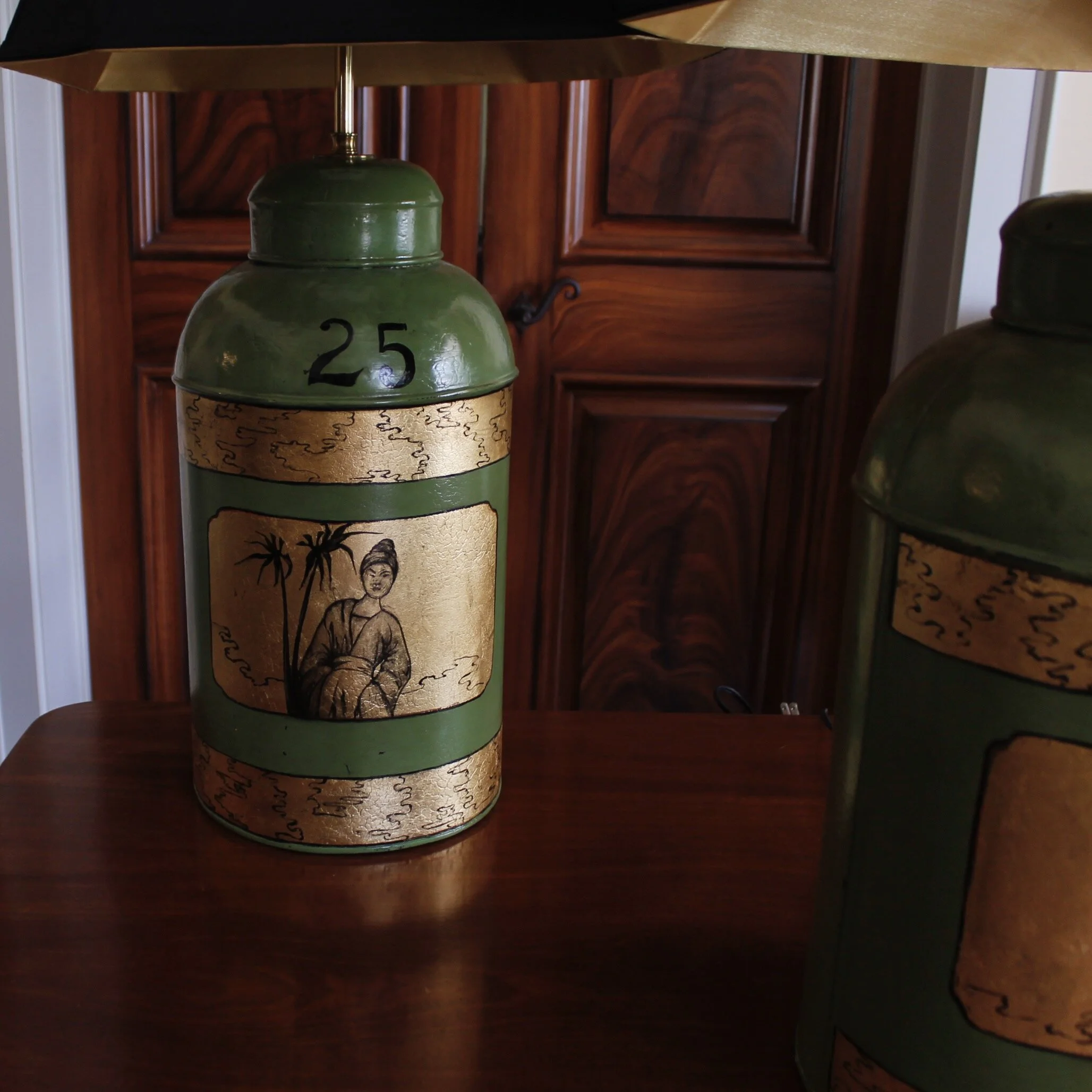 Pair of Green Painted and Gilt Decorated Tôle Tea Canister Lamps