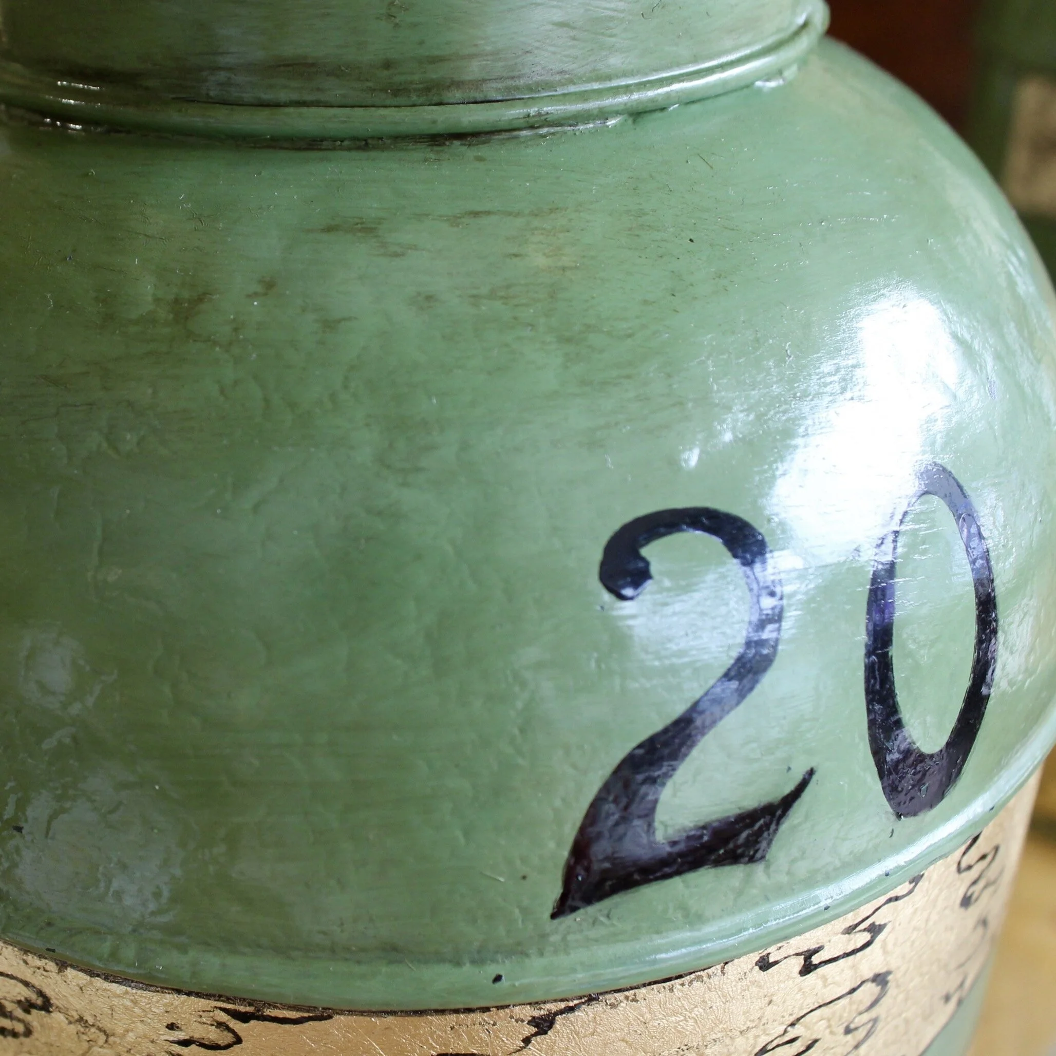 Pair of Green Painted and Gilt Decorated Tôle Tea Canister Lamps