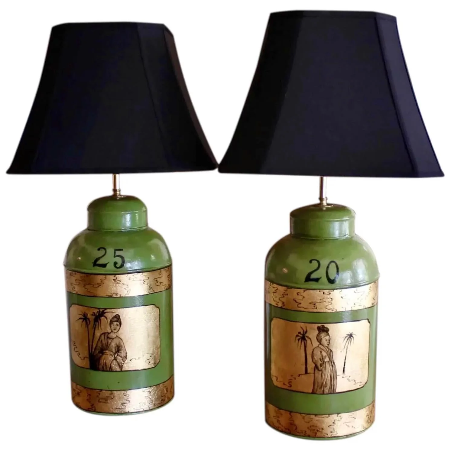 Pair of Green Painted and Gilt Decorated Tôle Tea Canister Lamps