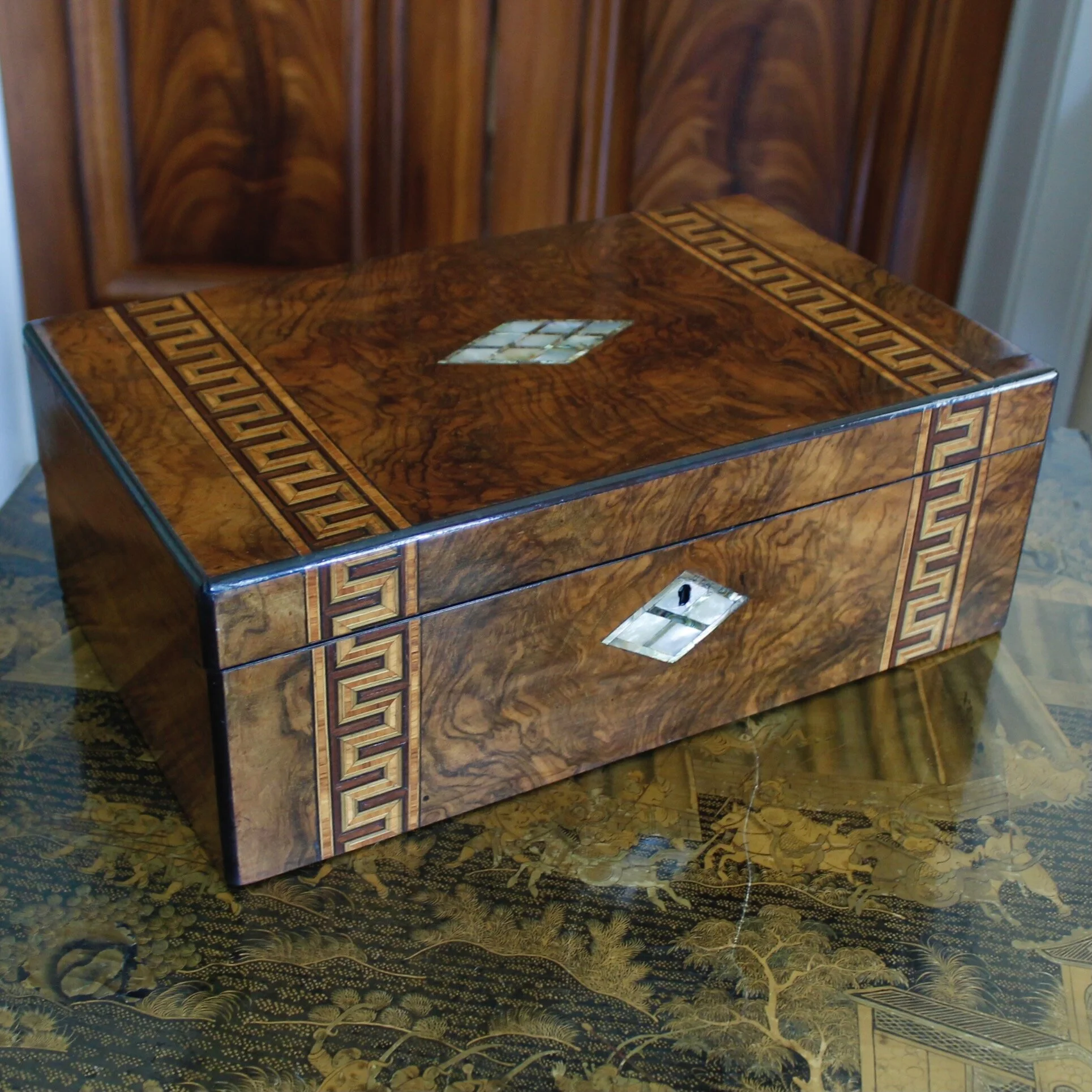 Large English Burl Walnut Tunbridgeware Inlaid Box with Mother of Pearl and Greek Key Inlay