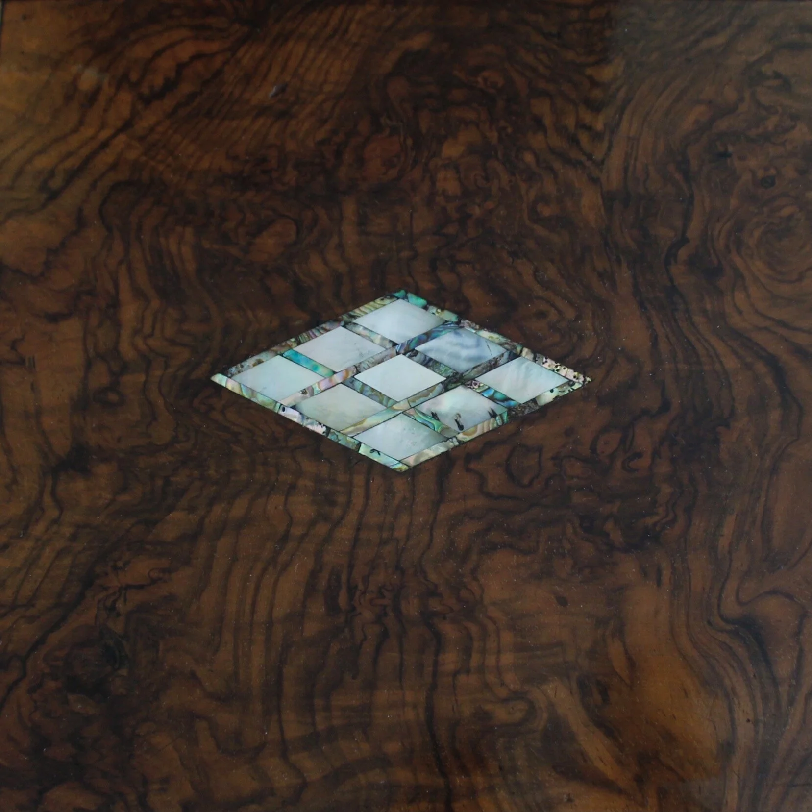 Large English Burl Walnut Tunbridgeware Inlaid Box with Mother of Pearl and Greek Key Inlay