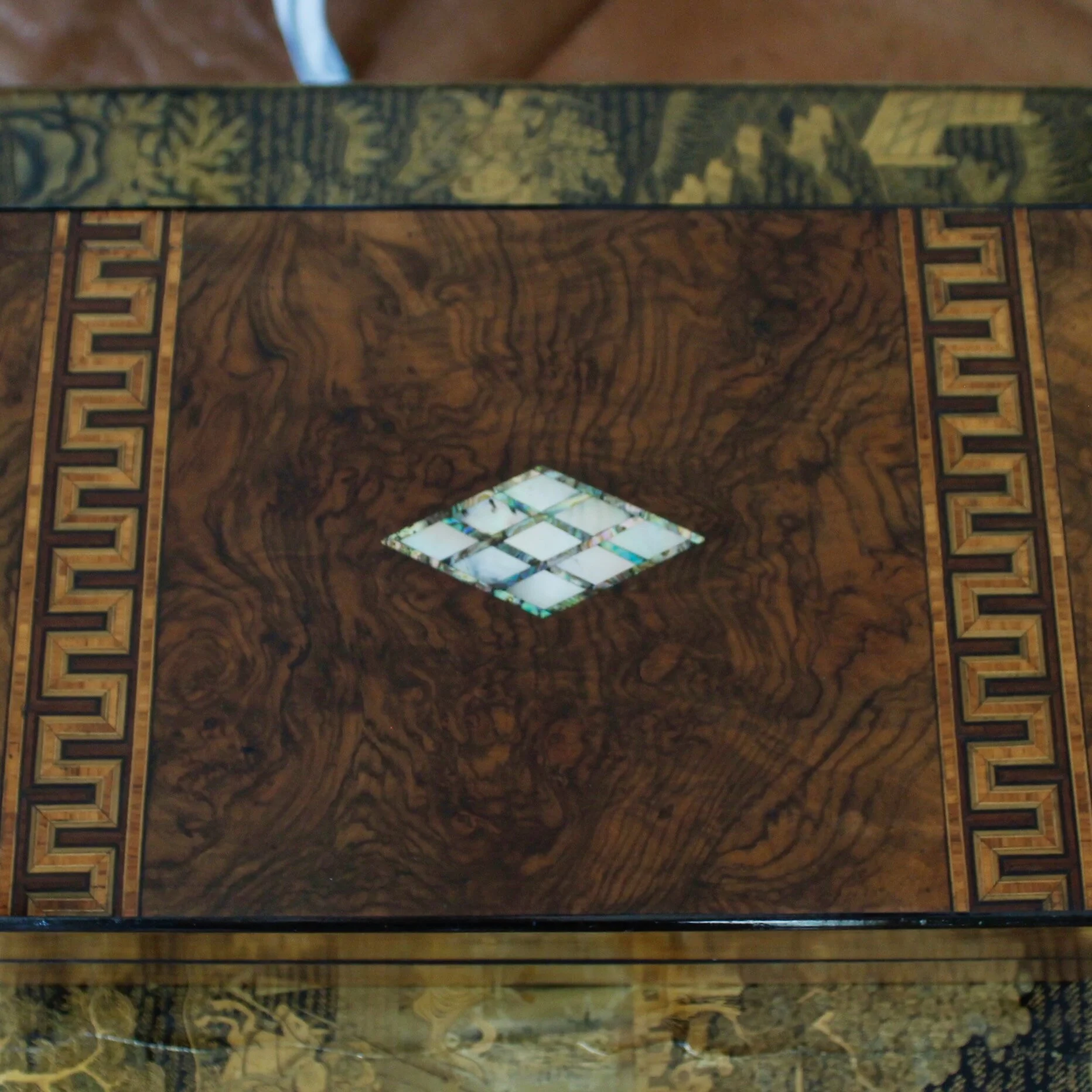 Large English Burl Walnut Tunbridgeware Inlaid Box with Mother of Pearl and Greek Key Inlay