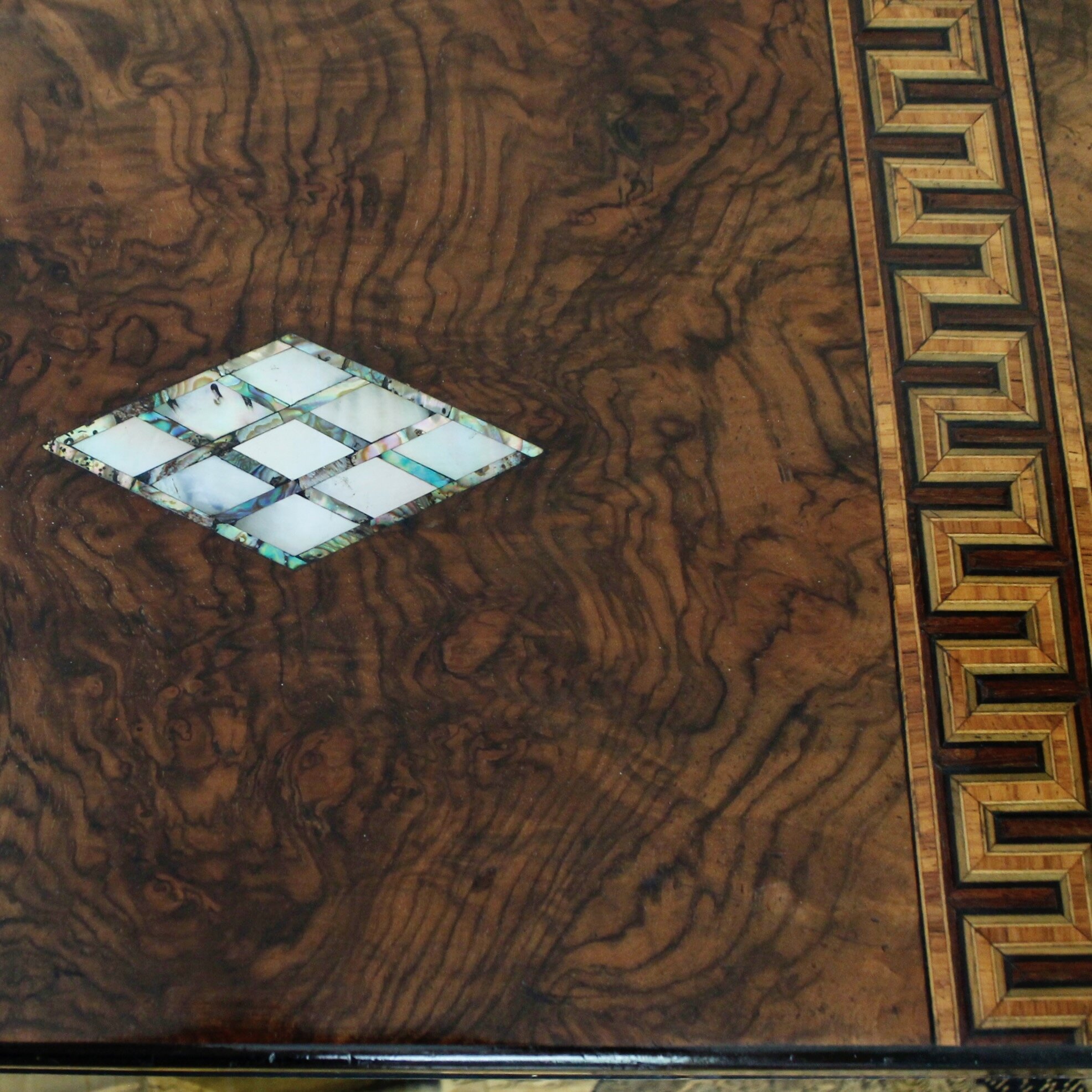 Large English Burl Walnut Tunbridgeware Inlaid Box with Mother of Pearl and Greek Key Inlay