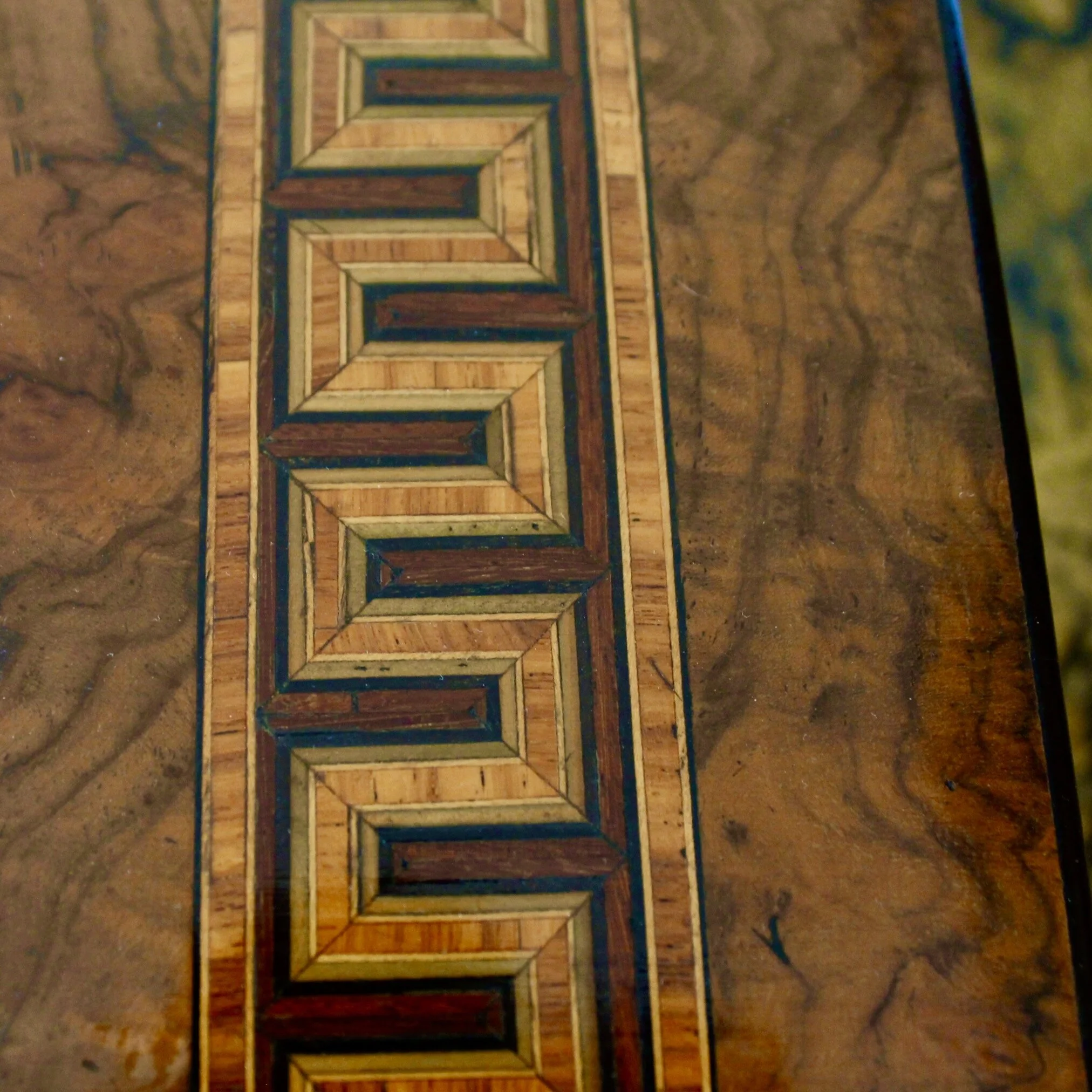 Large English Burl Walnut Tunbridgeware Inlaid Box with Mother of Pearl and Greek Key Inlay