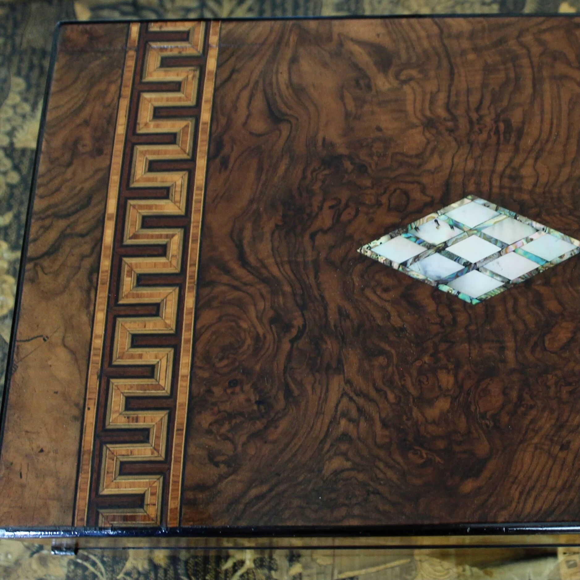 Large English Burl Walnut Tunbridgeware Inlaid Box with Mother of Pearl and Greek Key Inlay