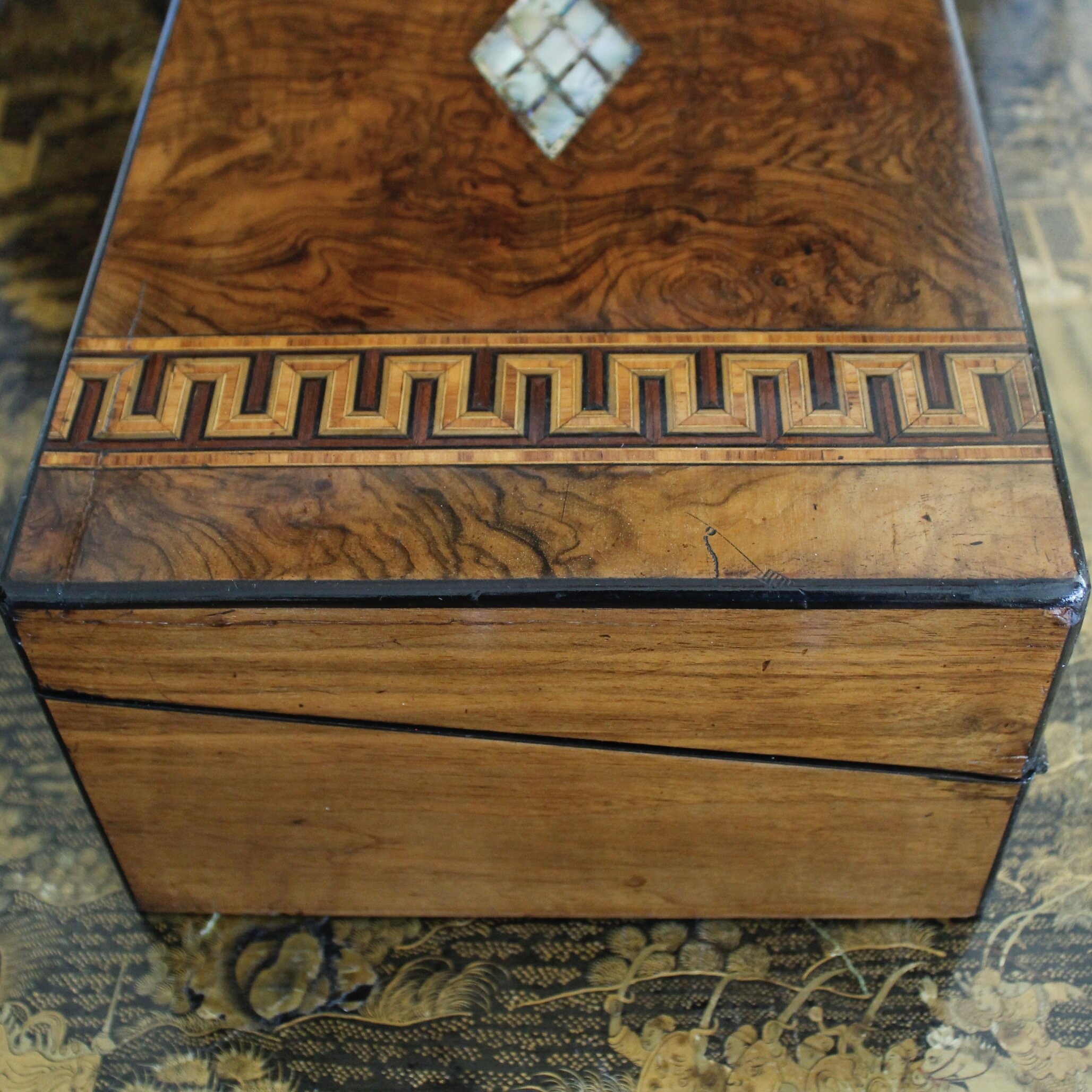 Large English Burl Walnut Tunbridgeware Inlaid Box with Mother of Pearl and Greek Key Inlay