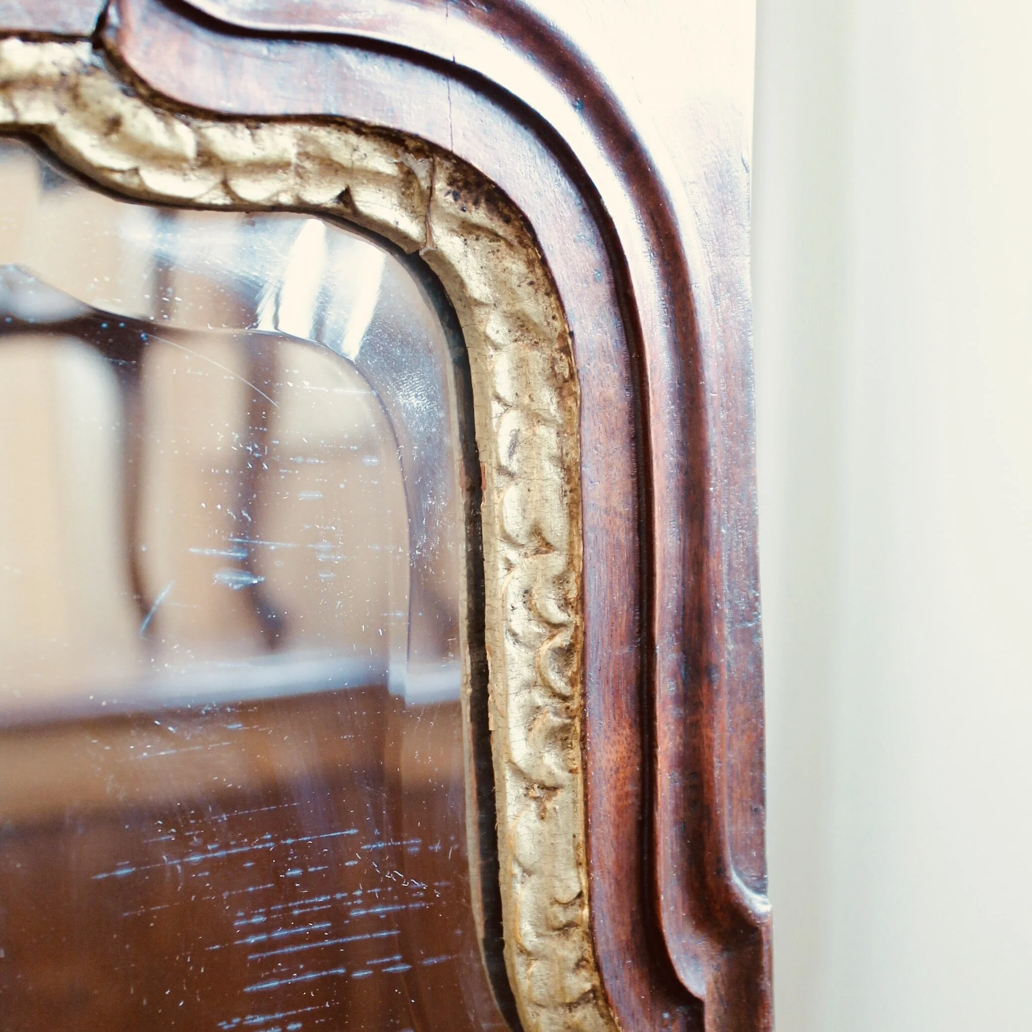 English Country Queen Anne Mirror, Figured Walnut and Parcel Gilt
