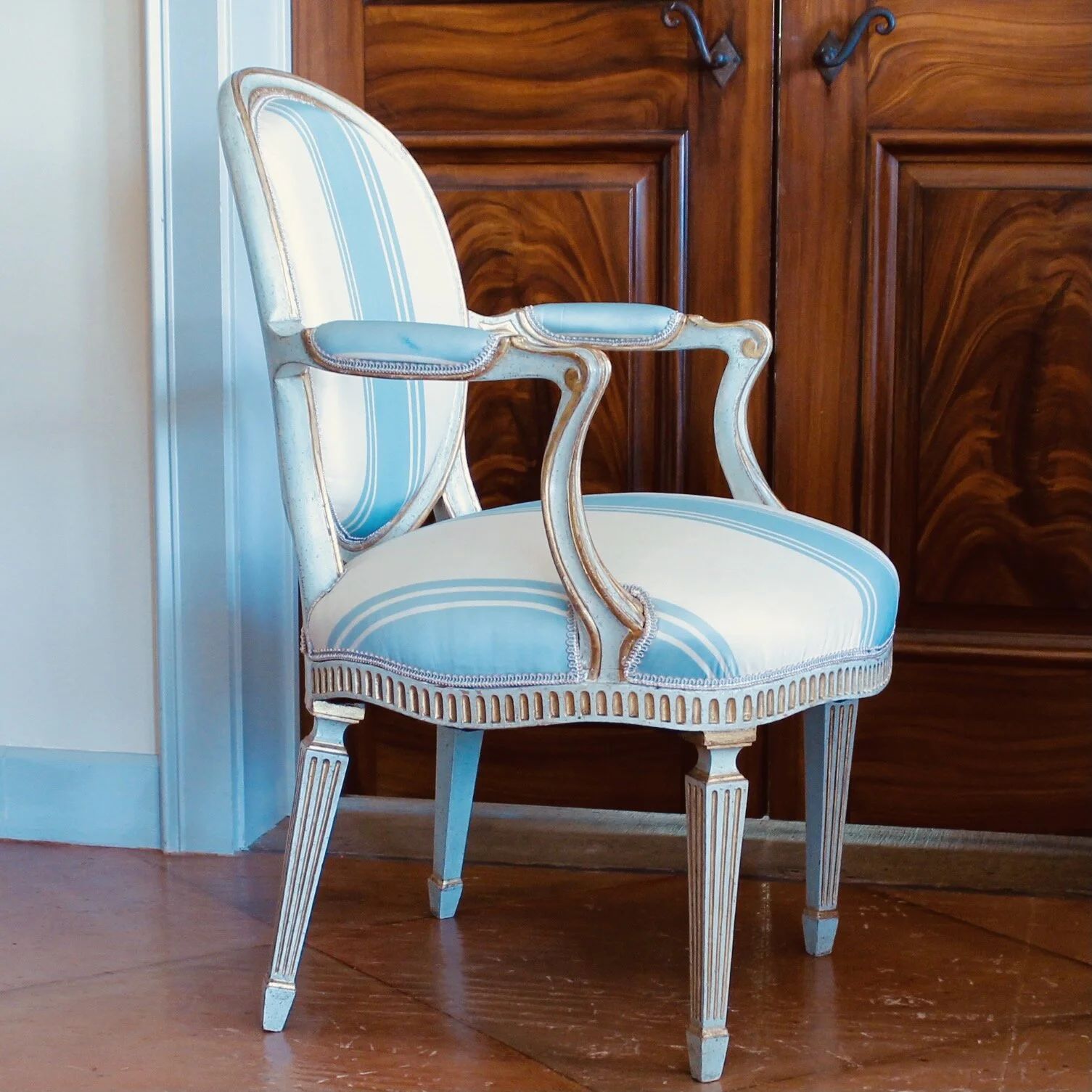Pair of Italian Neoclassical Armchairs, Painted and Gilded, 19th Century
