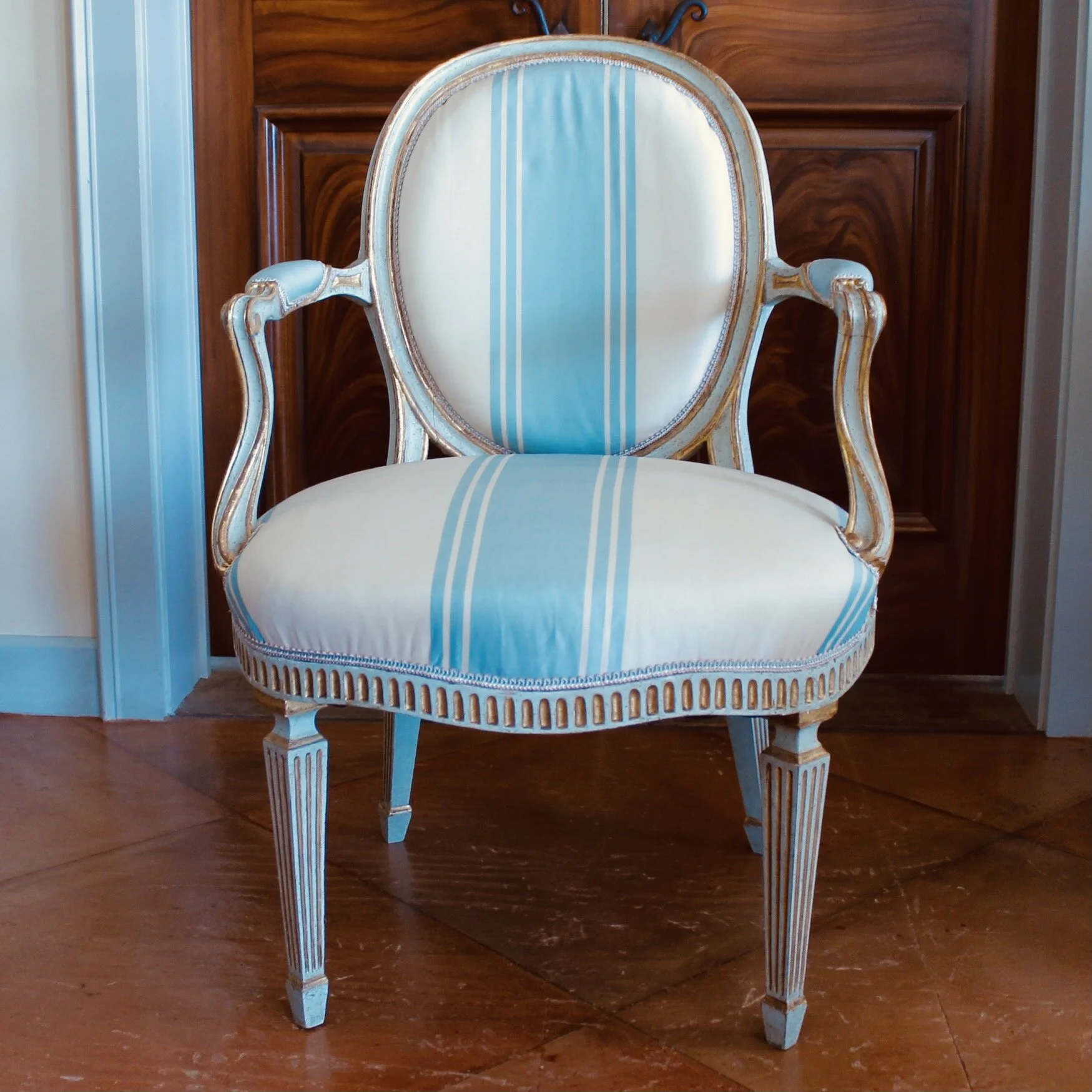 Pair of Italian Neoclassical Armchairs, Painted and Gilded, 19th Century