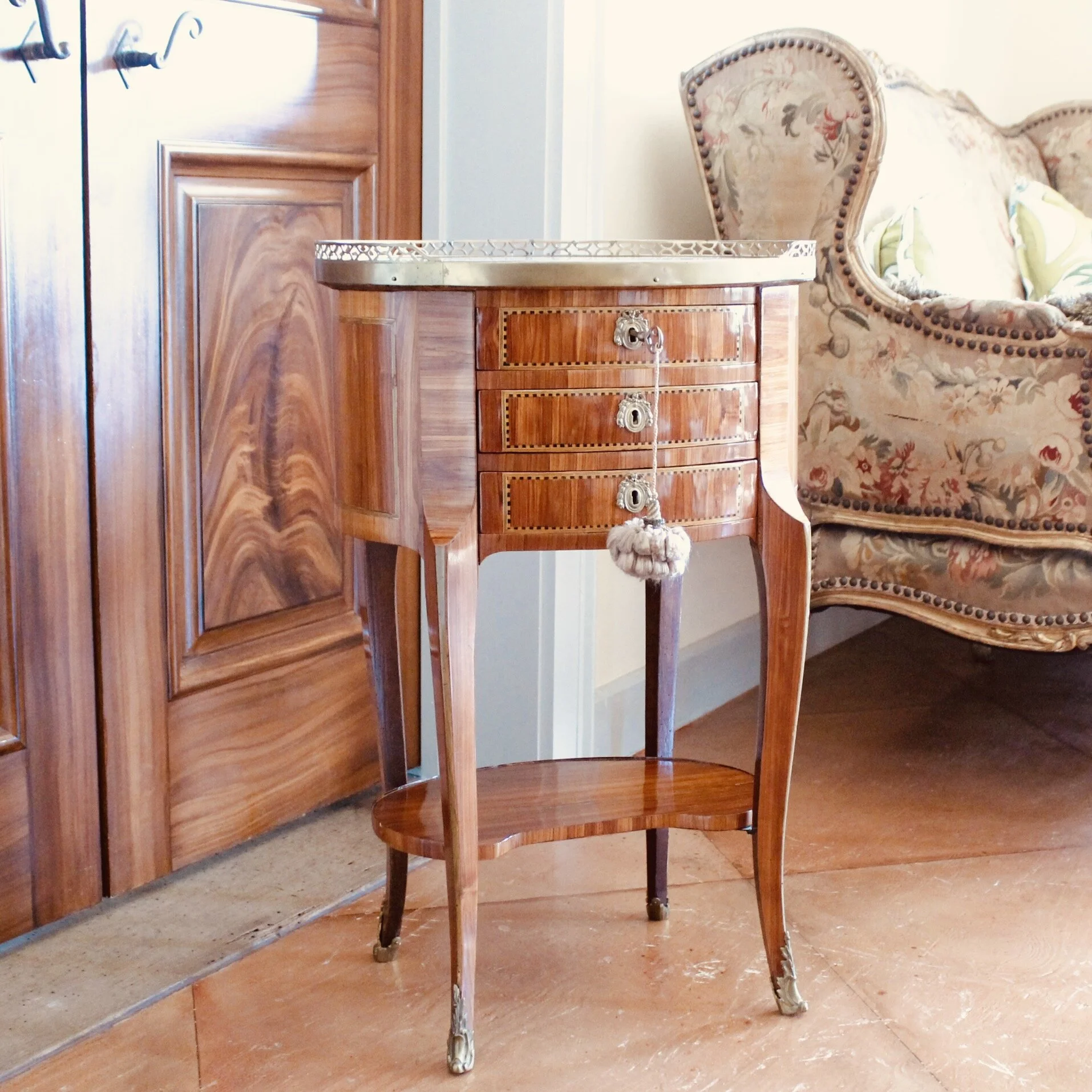 French Transitional Oval Occasional Table with Marble Top
