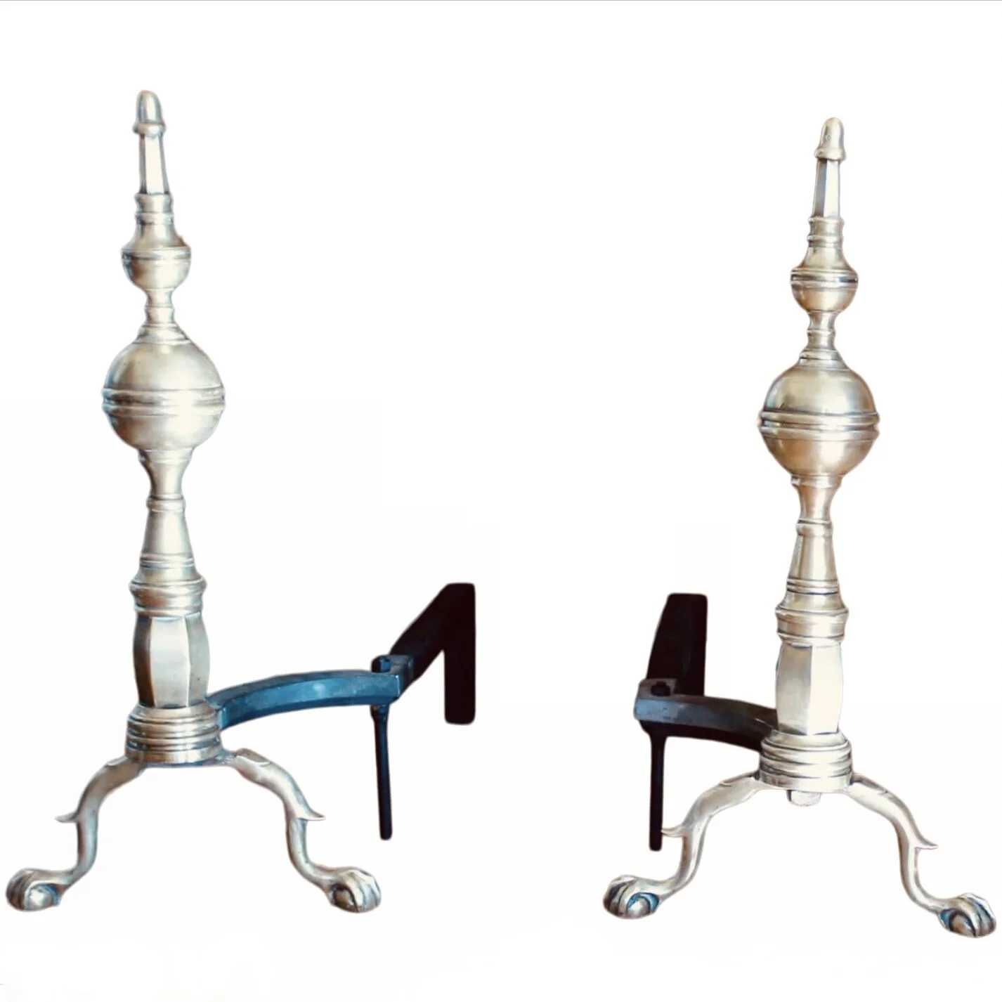 Pair of American Federal Style Brass Steeple Top Andirons