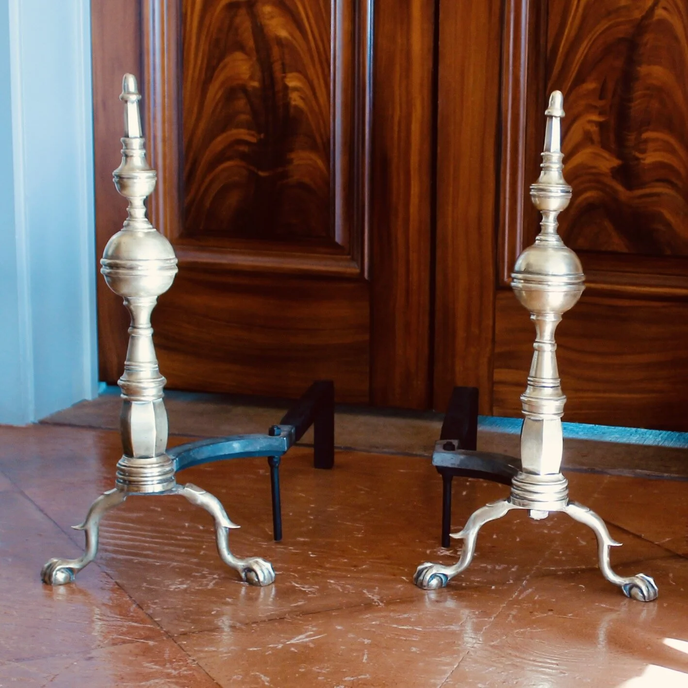 Pair of American Federal Style Brass Steeple Top Andirons